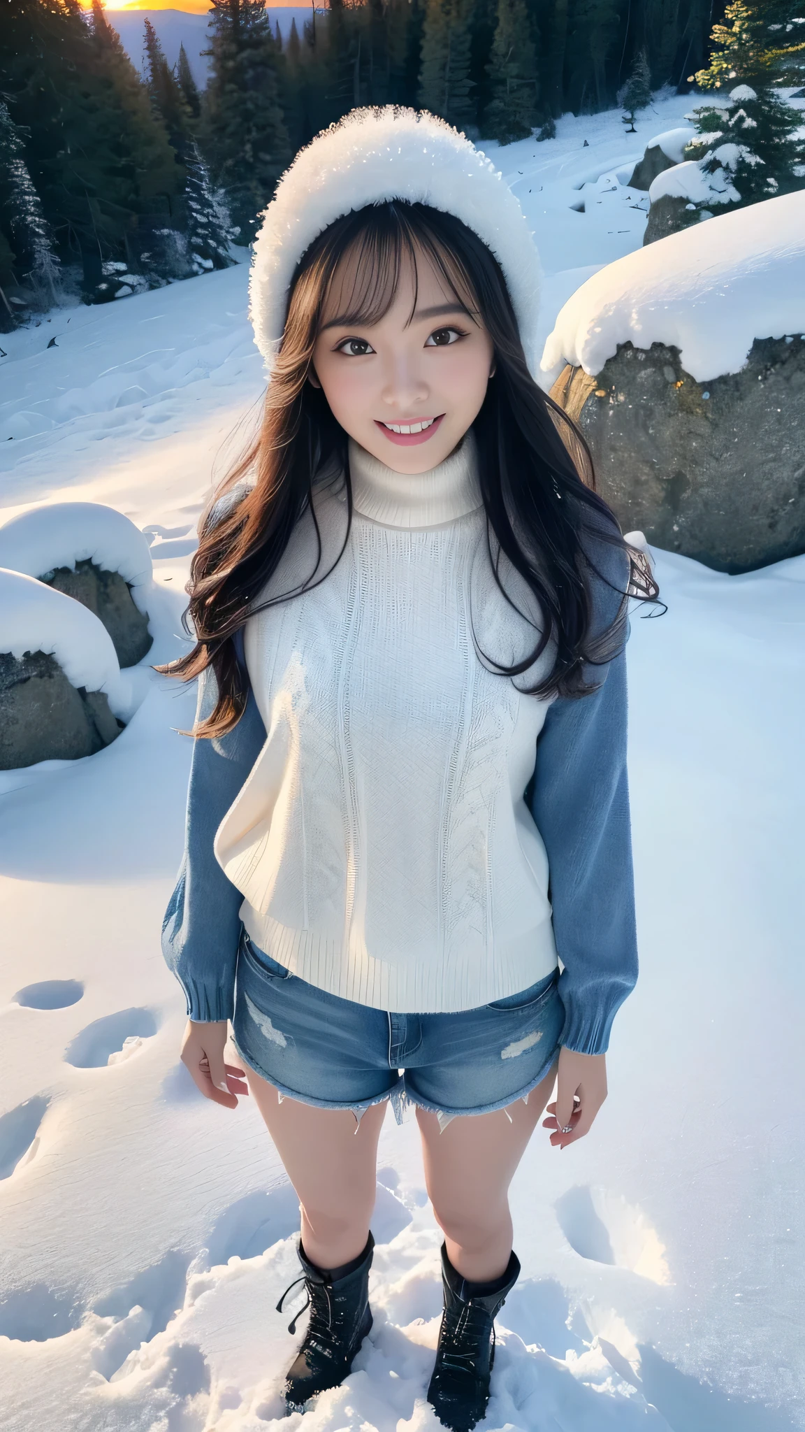 (best quality、on the table、8k、Best image quality、Award-winning works)、a beautiful woman、(The perfect long sleeve sweater:1.3)、(distressed denim shorts:1.3)、very long curly hair、(alone:1.2)、(1 photo:1.2)、(Standing elegantly among the snow-capped mountains of Northern Europe:1.3)、(Full body shot of an elegantly standing woman from above:1.3)、上品なwinter用ブーツ、Emphasize body lines、(Full body top view of woman standing elegantly on snowy mountain:1.3)、(depict a woman&#39;Use three point perspective，Be focused，View the entire body from above:1.5)、(Look at me with your best smile:1.2)、(Smile and show your beautiful teeth:1.1)、The background is severely blurred、(face very bright:1.3)、(Beautiful skin，Shiny:1.2)、(very bright and vivid:1.3)、Ultra high definition beauty face、(Super high resolution perfect and beautiful teeth:1.1)、Ultra HD hair、(Beautiful fair skin that shines in ultra-high resolution:1.1)、Ultra high resolution glossy lips、(very bright and vivid:1.1)、(accurate anatomy:1.5)、( Deep in the dense forests of Northern Europe:1.1)、snow forest、Mysterious forest snow scene、winter、(Vivid and magical sunset:1.3)、(romantic sunset:1.3)、Beautiful sunlight through the leaves、epic movie lighting、The brilliance of premium diamond powder、epic lights、The most romantic、most moody、Romantic feeling