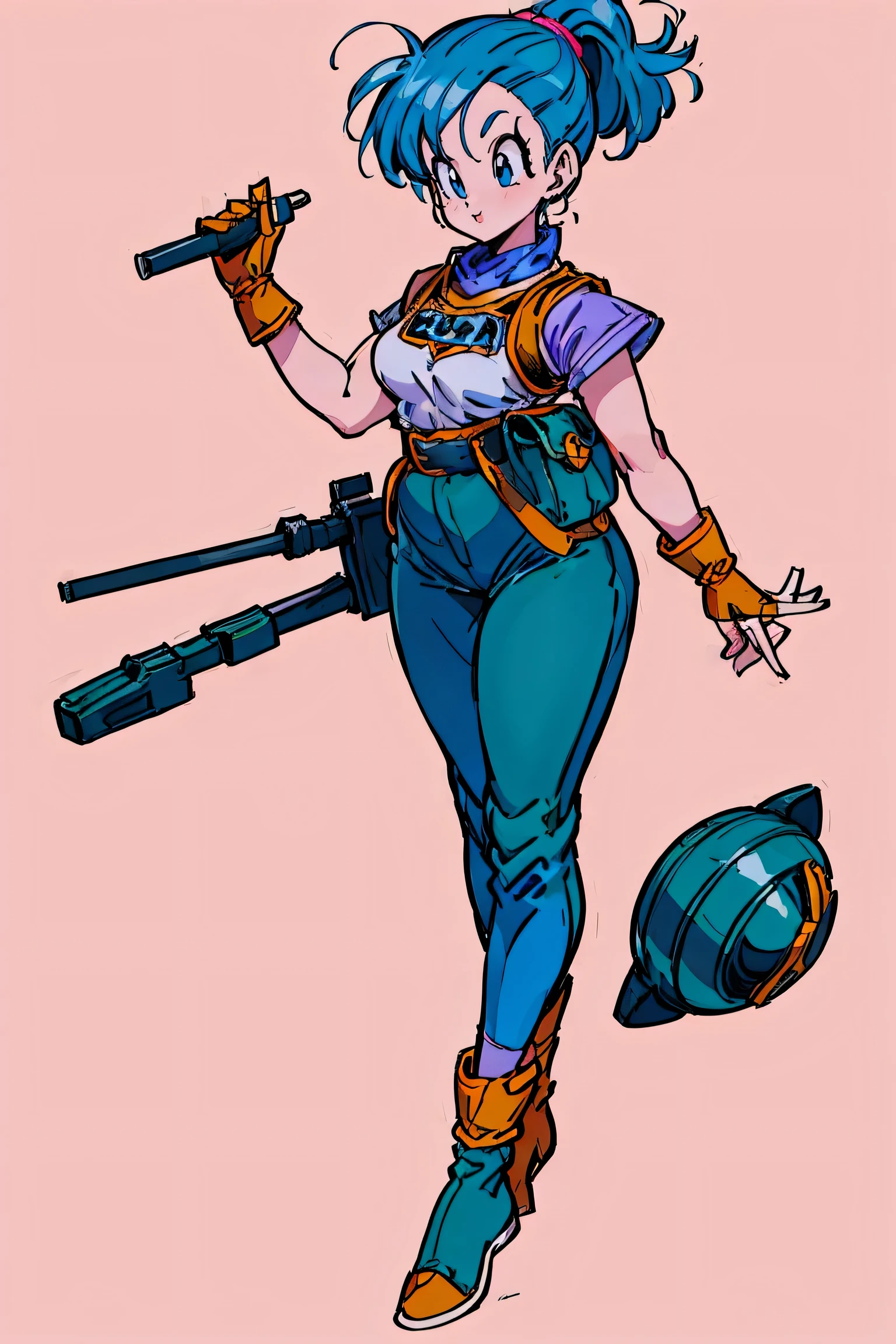 bulma, the adventurous and charismatic character from the anime Dragon Ball, es conocida por su cabello azul vibrante que enmarca sus hermosos e intrincados ojos. Su vestido rosa, complete with a green belt, Es un marcado contraste con sus calzas y botas blancas.. Gloves and a small bag hanging from his shoulder are added to his outfit.., lleno de varias herramientas esenciales para sus inventos. bulma's charming smile lights up her youthful and cute face, and her slender figure is a testament to her scientific skills as an inventor and scientist... His tools include the capsule device and a high-tech explorer.., y sus grandes pechos son un rasgo distintivo que le suma