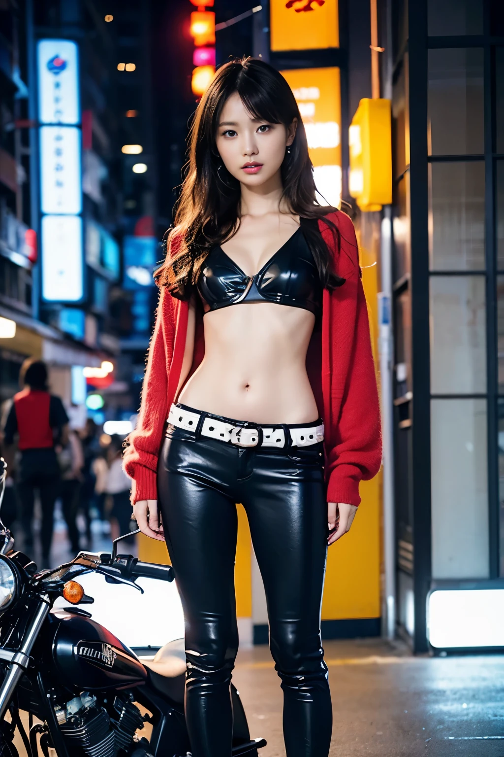 (Photorealistic), (Ultra High Realistic), (Ultra High Definition), (Ultra High Detailed), (1girl), beautiful face, cute face, Face Slimming, Japanese young girl, semi long curly hair, (light Brown hair), ((Slimmer)), ((Waist Slimming)), ((Small buttocks:1.5)), ((Slimmer Legs:1.5)), (small Breasts:1.3), (Cleavage:0.8), ((wearing riders jacket only)), (perfectly shaped Nipples), (Small and beautiful Nipples), (((Supercar on the background))), movie lighting,