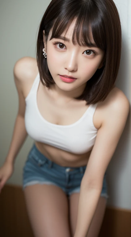 (8k, RAW photo, highest quality, masterpiece:1.2), Super detailed, super resolution, (realistic, realistic Photo:1.37), 2people's women, snapshot, High-definition RAW color photo, professional photos, 非常に詳細で美New, very detailed, 8k wallpaper, amazingly detailed, huge file size, official art, highly detailed CG unity 8k wallpaper, very detailed美New女の子, very detailed顔, very detailed目, very detailed肌, very detailed指, very detailed鼻, very detailed詳細な口 , perfect anatomy, very detailed背景, very detailed服, 1 girl, (20:1.2), 20th generation, cute girl, realistic body, The beauty of slim abs, Fair skin, glowing skin, slender body, long slender legs, handsome body, shiny light brown hair, Feminine adult loose shorts, (dull bangs:1.2), Overflowing smiles, 美New歯並び, cute, like々New, beautiful small face, realistic face, Beautiful actress' perfect makeup, delicate eyes, Slit eyes that suck you in, Plumpy glossy red lips, flushed cheeks, Fully exposed upper body, small bowl-shaped breasts, small upturned pink areola, necklace, earrings, double eyelid, 美New細い眉毛, Shooting a sex scene, Spotlight, kiss yourself in the mirror, Sex with a lover, touch breasts, A face that feels with its mouth half open, stare at the viewer, Stunning full body shot from above, dynamic lighting