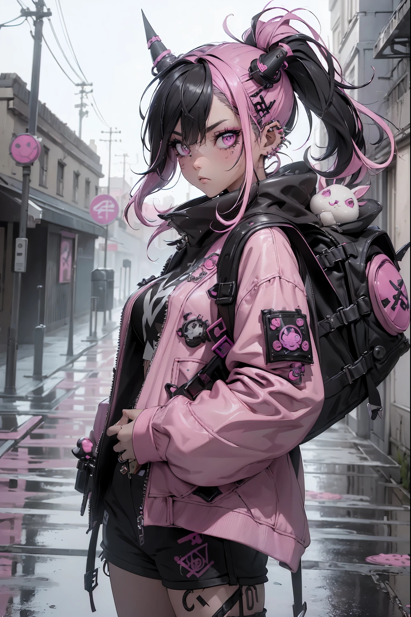 (highest quality、8k、32K、masterpiece、nffsw:1.3)、(Photoreal:1.4),(shoot from front,looking at viewer:1.5)、18-year-old punk girl,eccentric punk hair,((pink and black punk fashion:1.5)),clothes with studs、(1 holding a stuffed crazy bunny in his left hand.5)、black backpack on the back、(bright black and pink hair:1.5),Wacky makeup、、dark background、Desolate city in the rain、puddle on the road、(cinematic lighting)、Depth of the bounds written,blurred background、