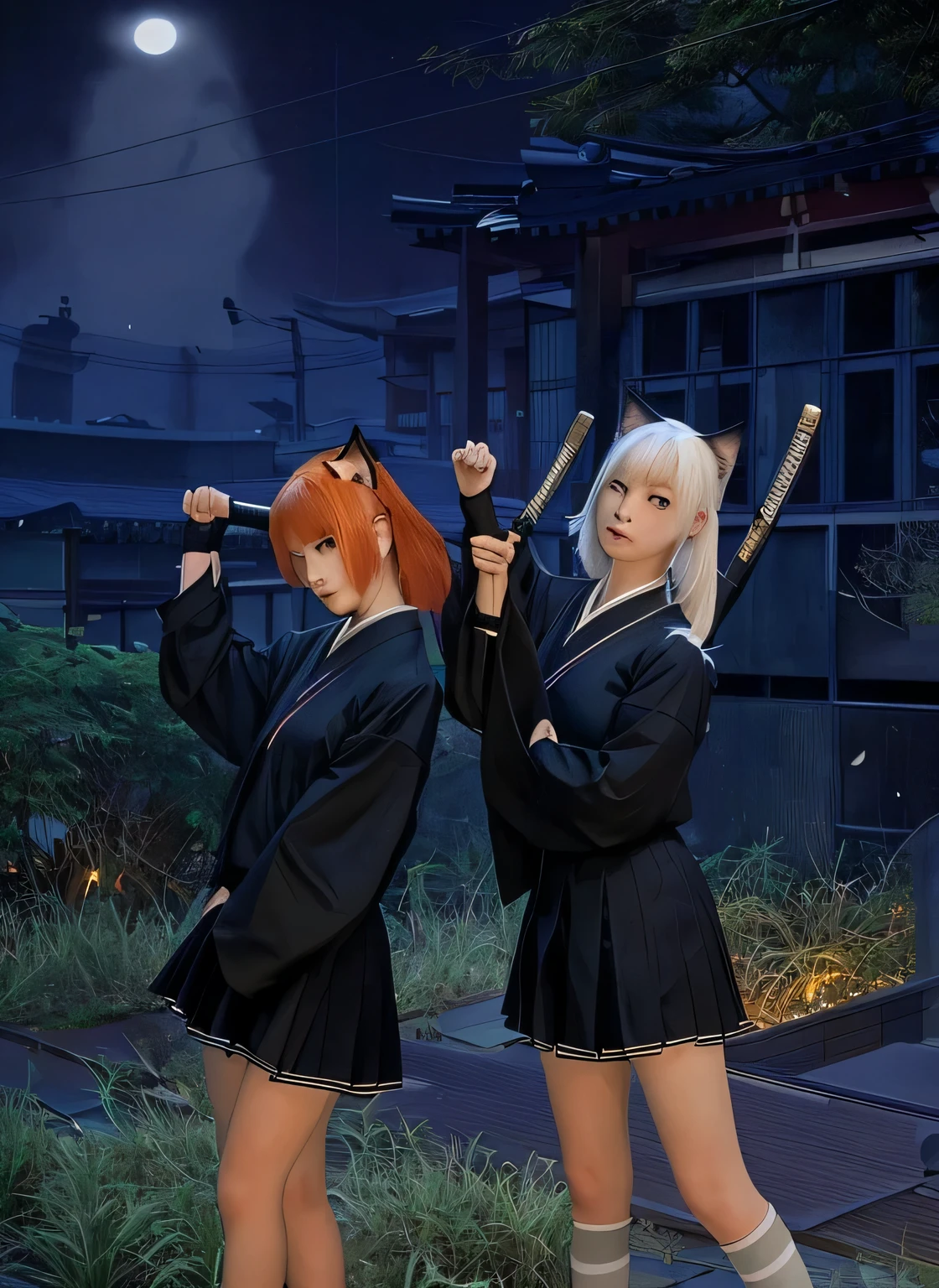 girl, japanese uniform, orange hair, white hair, katana at back, cat ears, flower,
