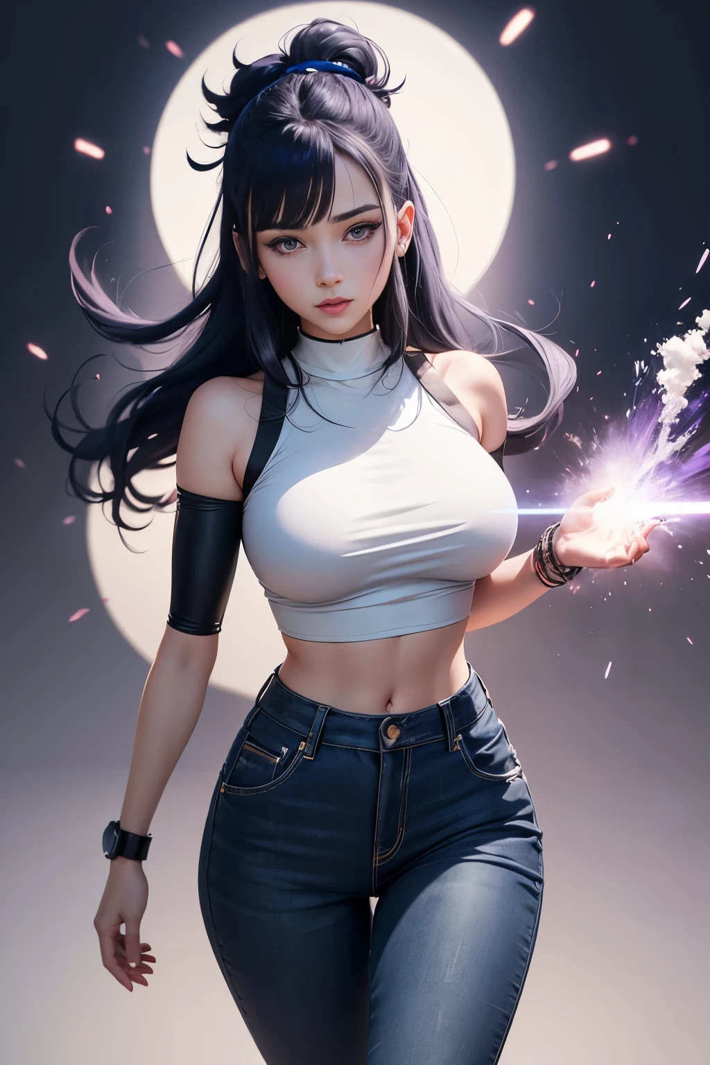 Masterpiece, Best quality, ((Pure White Background)), Acquaintance, (Short dark blue hair) ,pay off, Full body, Crop top, The pants, (((trendy clothes))), happy, Light effect, downy, Crystal clear, High definition image, (Before), Purple eyes, Sharp explosions, Hinata/(boruto/), long hair,  Big breasts, split