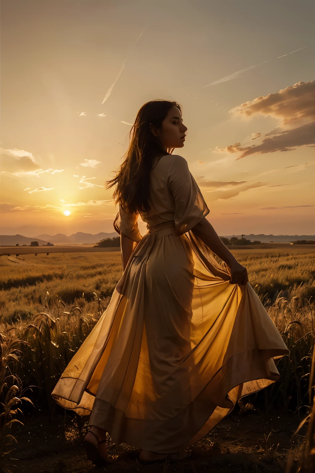 A woman draped in a flowing white gown stands amidst the vast expanse of the wheat field, her silhouette outlined against the fiery hues of the setting sun. Her figure exudes a sense of grace and tranquility as she gazes into the distance. [Background] The wheat field stretches endlessly towards the horizon, bathed in the warm, golden light of the fading sun. The sky above is ablaze with vibrant shades of orange and red, casting a rich and immersive atmosphere over the scene. [Technique] Roberts employs bold and dynamic brushstrokes to evoke the drama and intensity of the moment, capturing the interplay of light and shadow with striking precision.