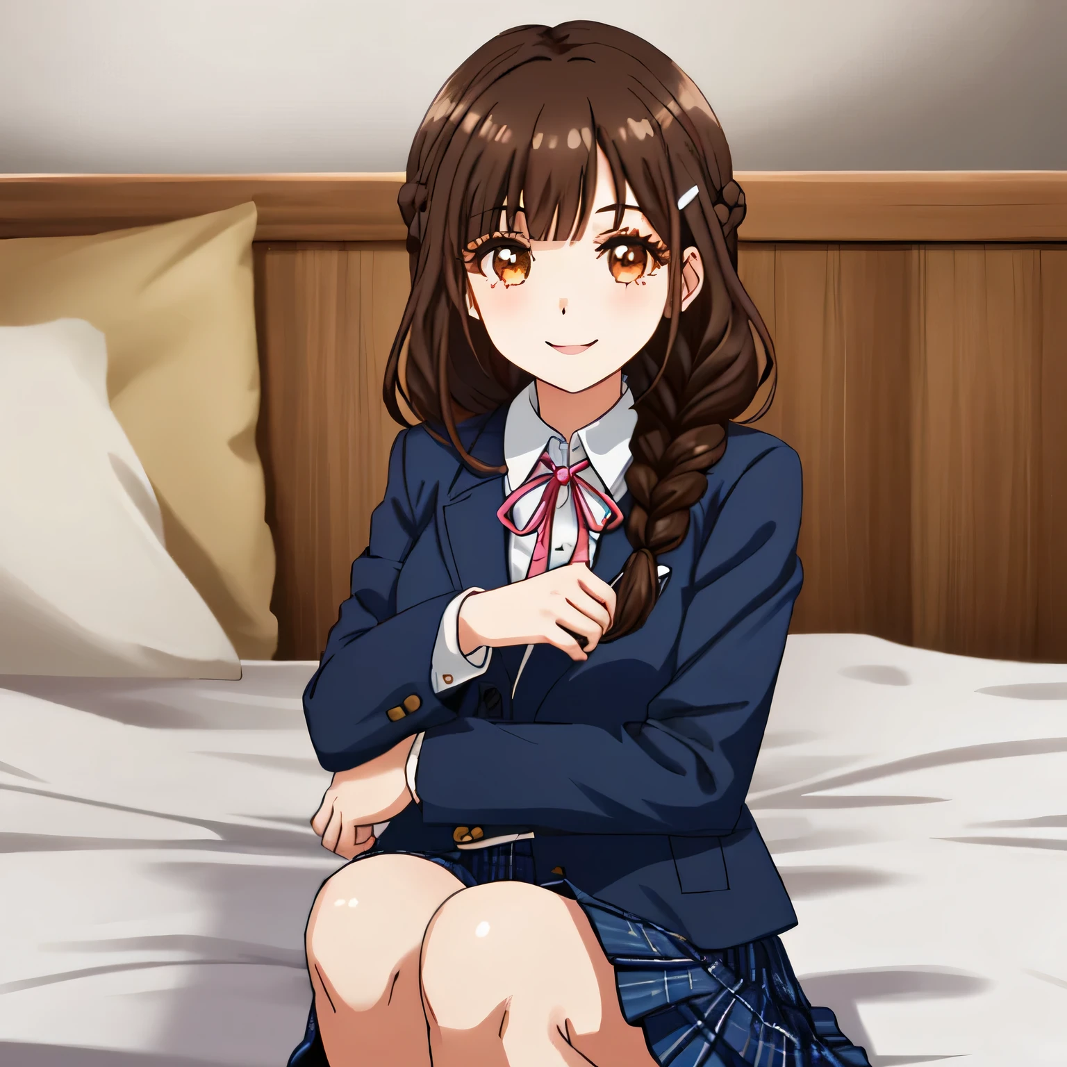 highest quality, (masterpiece:1.2), very detailed, Girl looking at the viewer and smiling, Glossy lips that make you want to kiss, nice smile, brown eyes, (((dark brown hair))), 15 years old, long braids, big shiny hair clip, school uniform, Dark blue and navy plaid skirt, middle long skirt, white shirt, Luxurious navy blazer with a golden patch on the left chest, big school ribbon tie, very shiny hair、laughter、bright look、Your face and hair shine in the light, The corners of the eyes are drooping, Cute braids, I'm so happy I can jump up, The expression of a maiden in love, (((Twin braided hair))), The long skirt fabric has a beautiful deep blue checkered pattern.., A gentle and cute expression staring at the viewer, double eyelid, ((long eyelashey lower eyelashes are also long)) ((Knees are hidden by skirt)), I'm sleeping on the finest pink bed