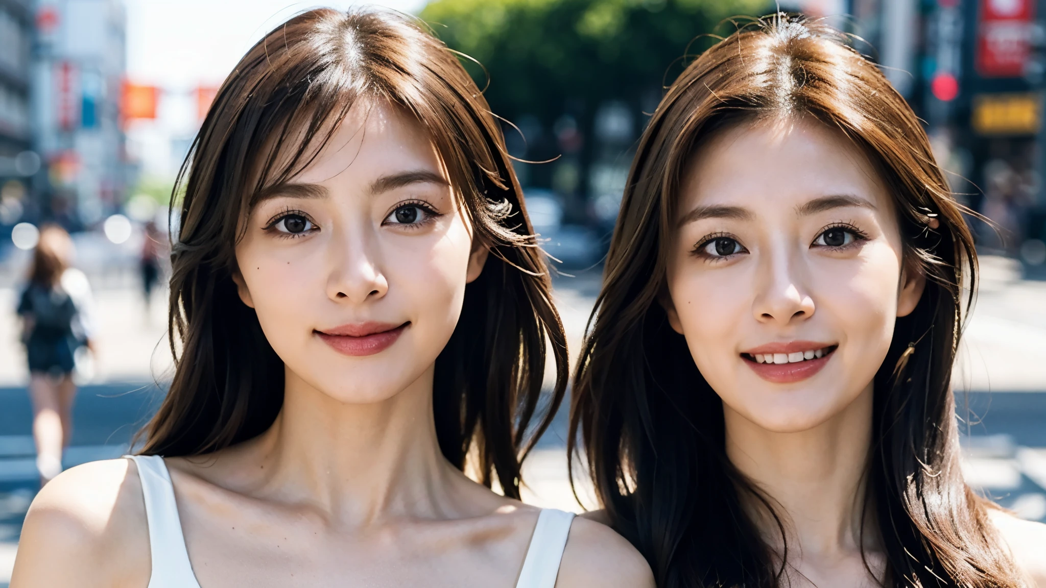 masterpiece, Best Quality, Photorealistic, Ultra-detailed, finely detailed, High resolution, 8K Wallpaper, 1 beautiful woman, light brown hair, sharp focus, Perfect dynamic composition, Beautiful detailed eyes, detailed hairs, Detailed realistic skin texture, Smiling, portrait, Model body type, Take a walk in Tokyo city,