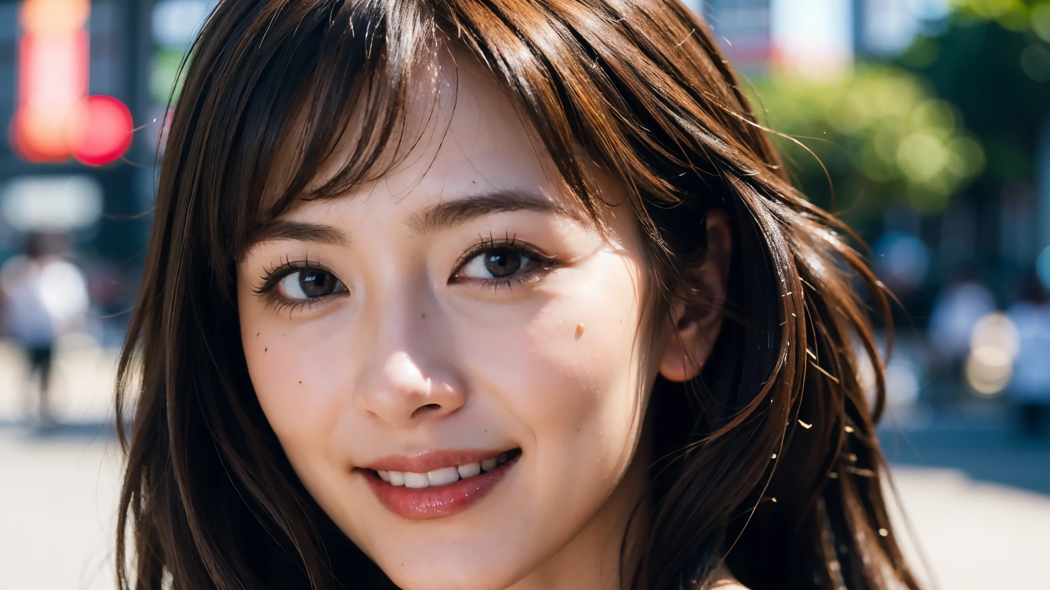 masterpiece, Best Quality, Photorealistic, Ultra-detailed, finely detailed, High resolution, 8K Wallpaper, 1 beautiful woman, light brown hair, sharp focus, Perfect dynamic composition, Beautiful detailed eyes, detailed hairs, Detailed realistic skin texture, Smiling, portrait, Model body type, Take a walk in Tokyo city,