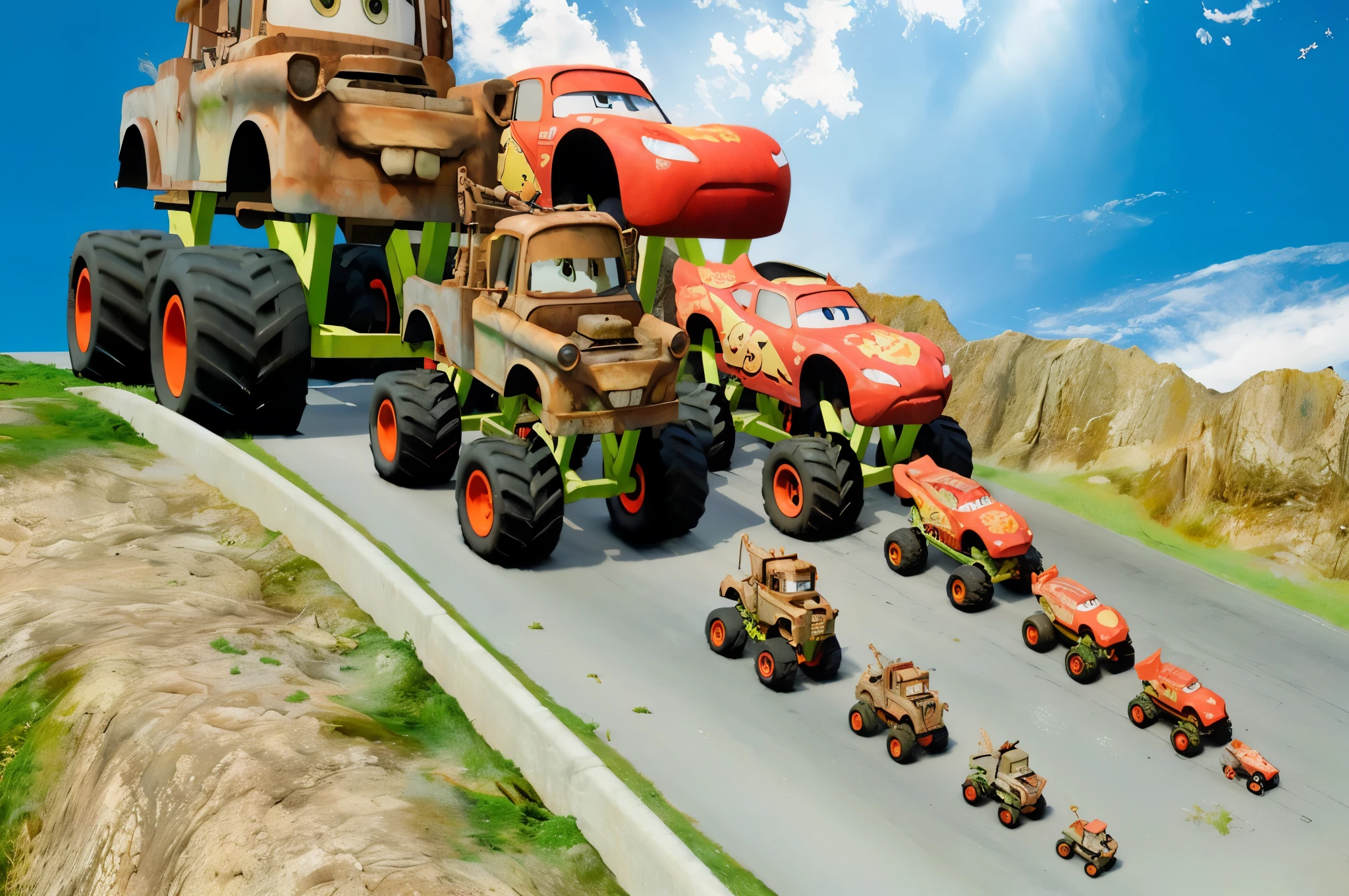 cars lined up on the road with truck and truck, monster truck rally, Himars in Wheelbarrows Pixar Movie, cars in the style of Pixar films, Movie-themed Pixar cars, A scene from the movie Pixar, Автомобили Pixar в Mad Max Fury Road, Wrecked cars, Cars on the road, monster truck, Wrecked cars, Pixar is very detailed, Screenshot of the Pixar movie, pixar cartoon, Car jump