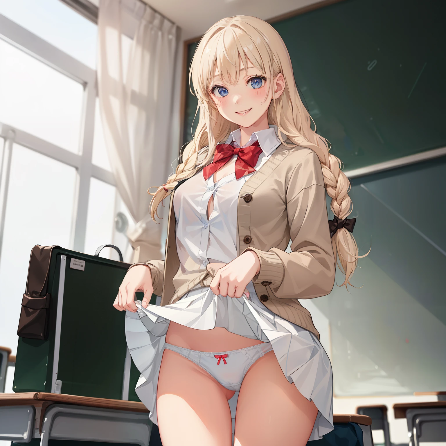((1 girl))、(smile:1.5)、small breasts、（cowboy shot）、(fun!!)、(white cardigan)、(blonde)、blush、(single braid)、(eye highlights:1.3)、blake black footwear,(黒いskirt)、bow, button, shirt with collar, long sleeve,  ((red bow tie, , black jacket, open jacket, brown cardigan, white shirt, 黒のskirt, チェック柄のskirt、white socks)),, shirt,, skirt, socks, thighs, white shirt, rest indoors, ((classroom:1.5))、 BREAK While watching the audience、(skirtを掴む:1.0)、 (perfect hands, perfect anatomy),cowboy shot、(skirt lift:1.3),(highly detailed white panties:1.3)、(highly detailed panties:1.3)、、(skirt that rolls up:1.3)、(fully exposed panties:1.5)、blue eyes