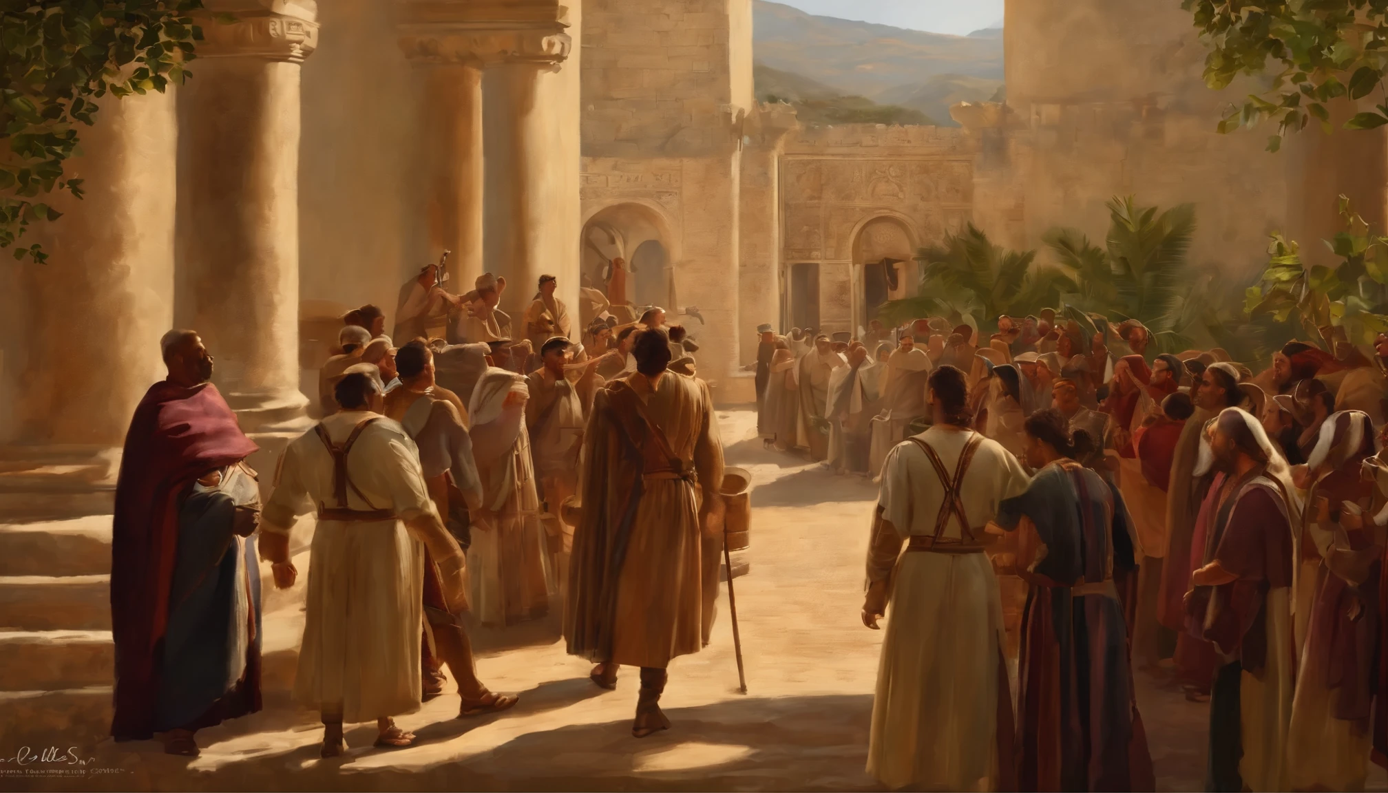 Jeremias chama os israelitas ao arrependimento, O Clamor do Profeta,Meetings with a large number of people, papiro,Pergaminho resistido,Vestidos velhos,,Historical reference,Arte e detalhes de alta qualidade,Estilo de retrato realista,paleta de cores sutil,fundo vibrante,texturas naturais,sombras profundas,destaques sutis,Historical accuracy,meticulous attention to detail,Profundidade e intensidade emocional,Authentic Representation,Instigante,Atmosfera espiritual,Um senso de sabedoria antiga,Impacto profundo