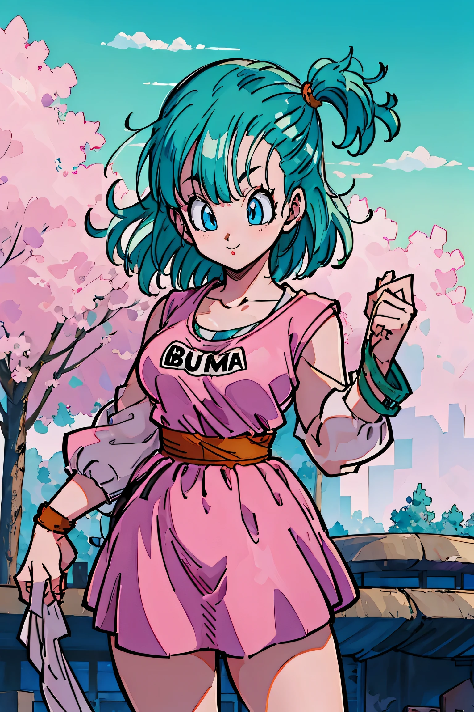 Obra maestra, Mejor calidad, high resolution, Dragon Ball, blmsdup, bulma, pelo aguamarina, one side up, Vestido rosa, mangas largas, clavicle, pechos medianos, al aire libre, de pie, tiro de vaquero, (levantamiento de vestido:1.2), sonrisa maligna,