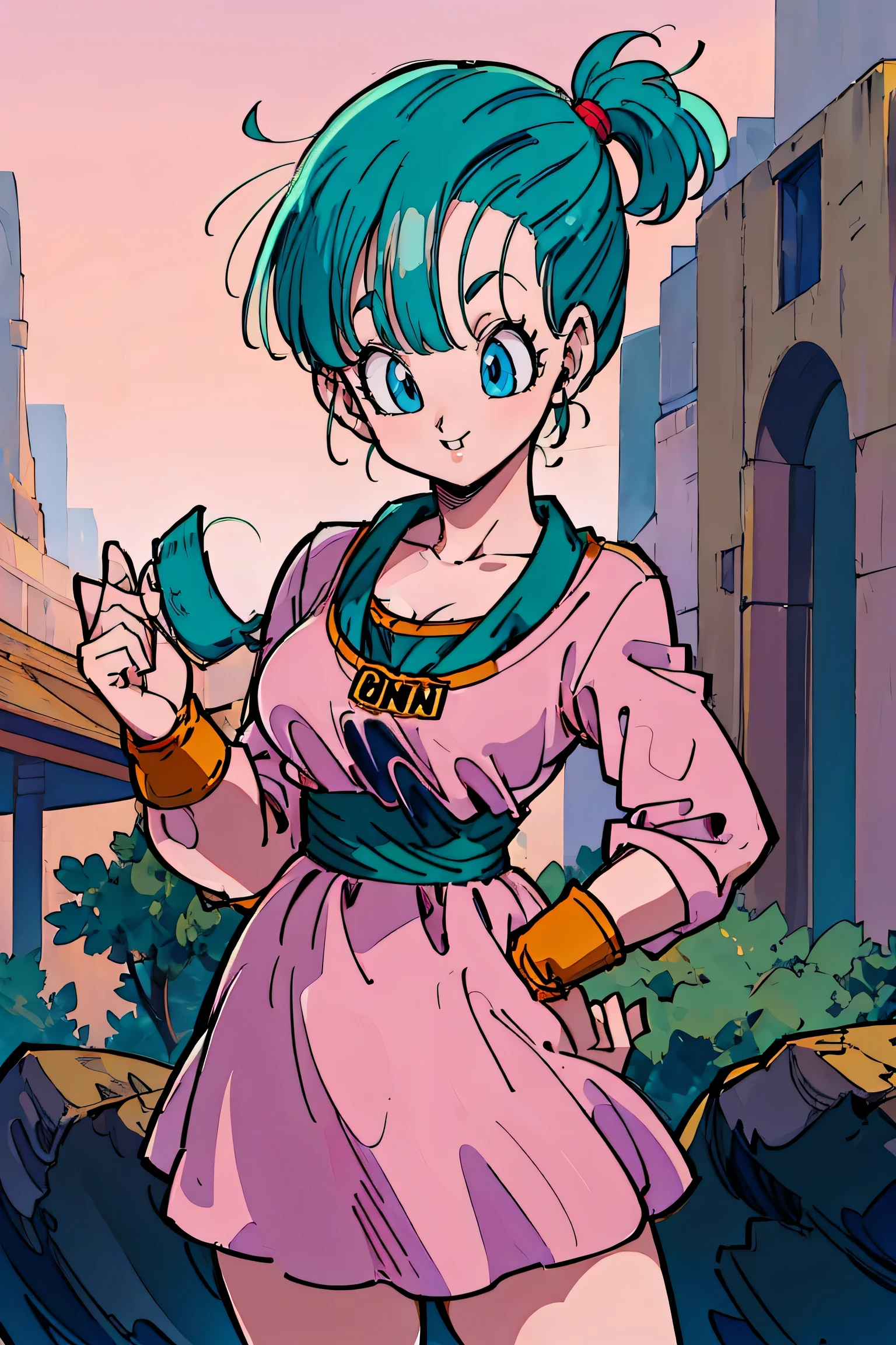 Obra maestra, Mejor calidad, high resolution, Dragon Ball, blmsdup, bulma, pelo aguamarina, one side up, Vestido rosa, mangas largas, clavicle, pechos medianos, al aire libre, de pie, tiro de vaquero, (levantamiento de vestido:1.2), sonrisa maligna,