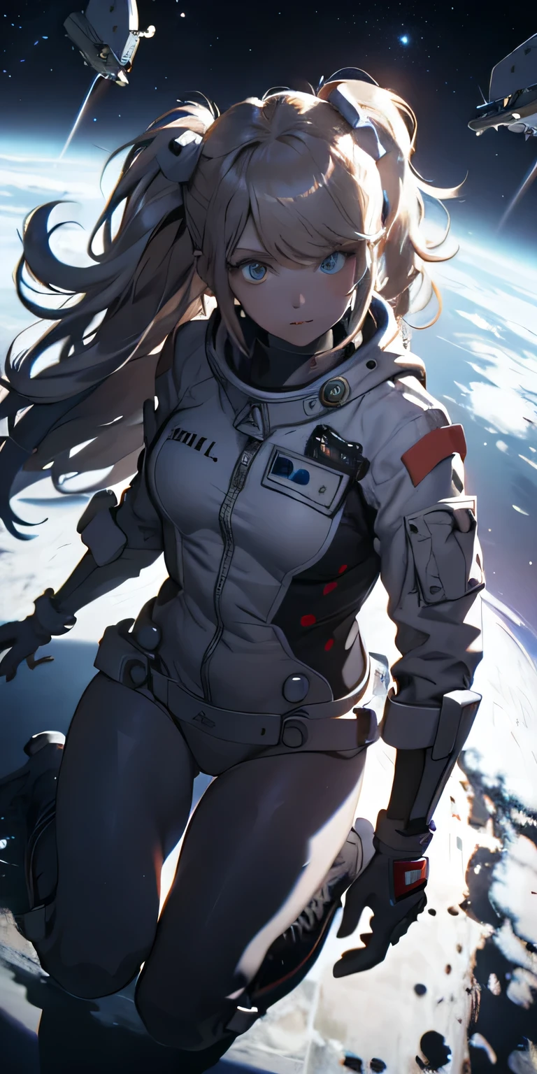 ridiculous resolution, high resolution, (masterpiece:1.4), super detailed, 1 girl, in spacesuit, view from above, space, floating, satellite, running posture, Wide angle lens distortion