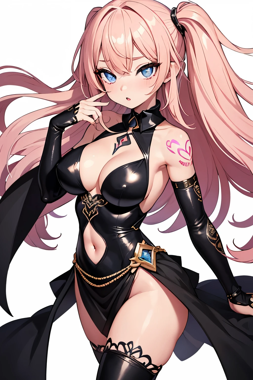 1girl, anime, cute girl, blank background, white background, fantasy, detailed fantasy dress with highlights, beautiful face, beautiful eyes, dark colors, pink hair with some streaks of blue strands, different color pupil in eye, medium small breasts (slightly big), slight cleavage, beautiful skin, cute, breast curtains, extremely delicate and beautiful, (beautiful detailed face:1.0), (detailed deep eyes), symmetrical breasts, deep eyes, shiny skin, portrait, slender waist, hips wider than shoulders, thighs, expressionless, young girl, luminous eyes, adorable，（Kpop idol）,（aegyo sal：1），（Platinum blonde hair：1），（（puffy eye）），Black panty，sexy posture，Superskirt, ultra high resolution，Black collar，slim figure, Abdominal y tattoo, womb tattoo，Tight-fitting leg ring，y tattoo on half-body，Bare skin, Armored hand，Hidden fingertips，Hand covered，Arm covered，Fist covered,{{beautiful detailed fingers}}, tufts of hair, moderate beautiful breast:1.0,