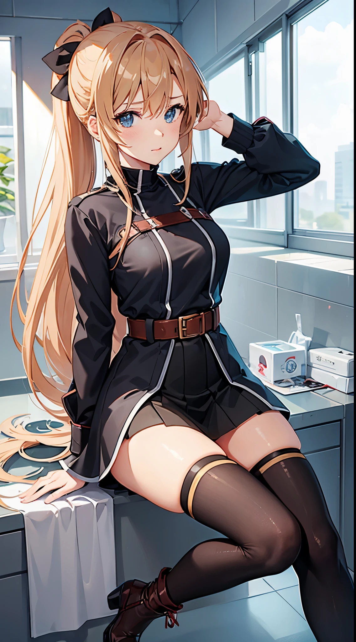 Asuna from Sword Art Online with a ponytail and bow, wearing a light brown sweater, a black skirt and high heel boots
