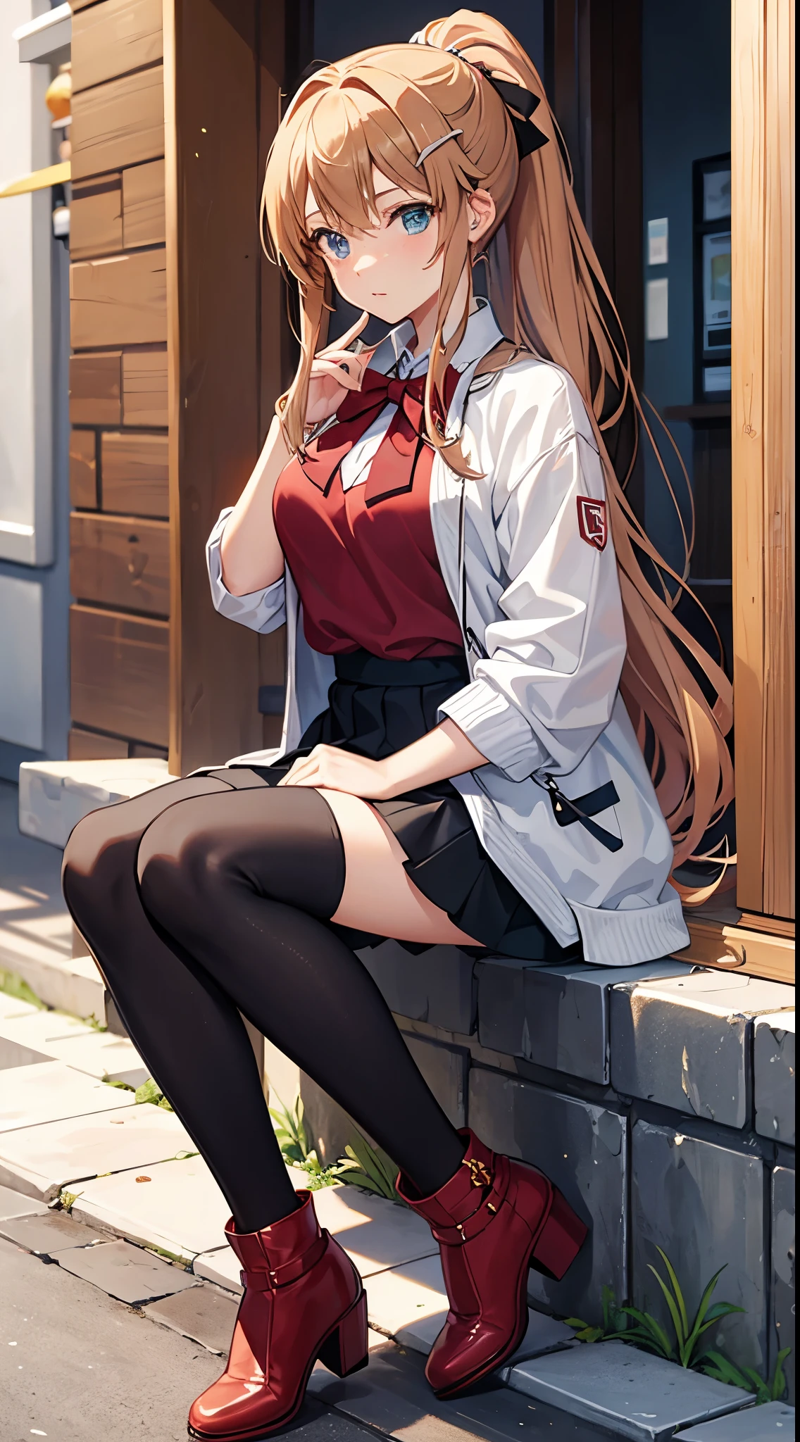 Asuna from Sword Art Online with a ponytail and bow, wearing a light brown sweater, a black skirt and high heel boots