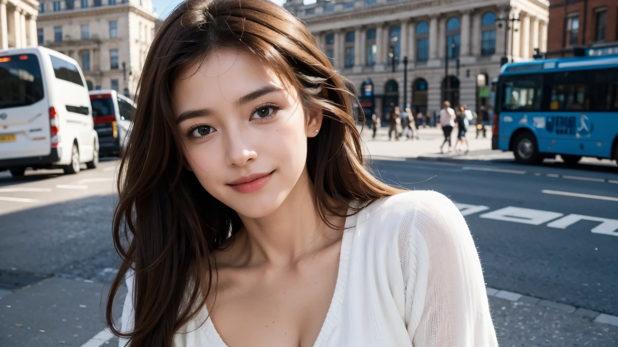 masterpiece, Best Quality, Photorealistic, Ultra-detailed, finely detailed, High resolution, 8K Wallpaper, 1 beautiful woman, light brown hair, sharp focus, Perfect dynamic composition, Beautiful detailed eyes, detailed hairs, Detailed realistic skin texture, Smiling, portrait, Model body type, Take a walk on the street of London,