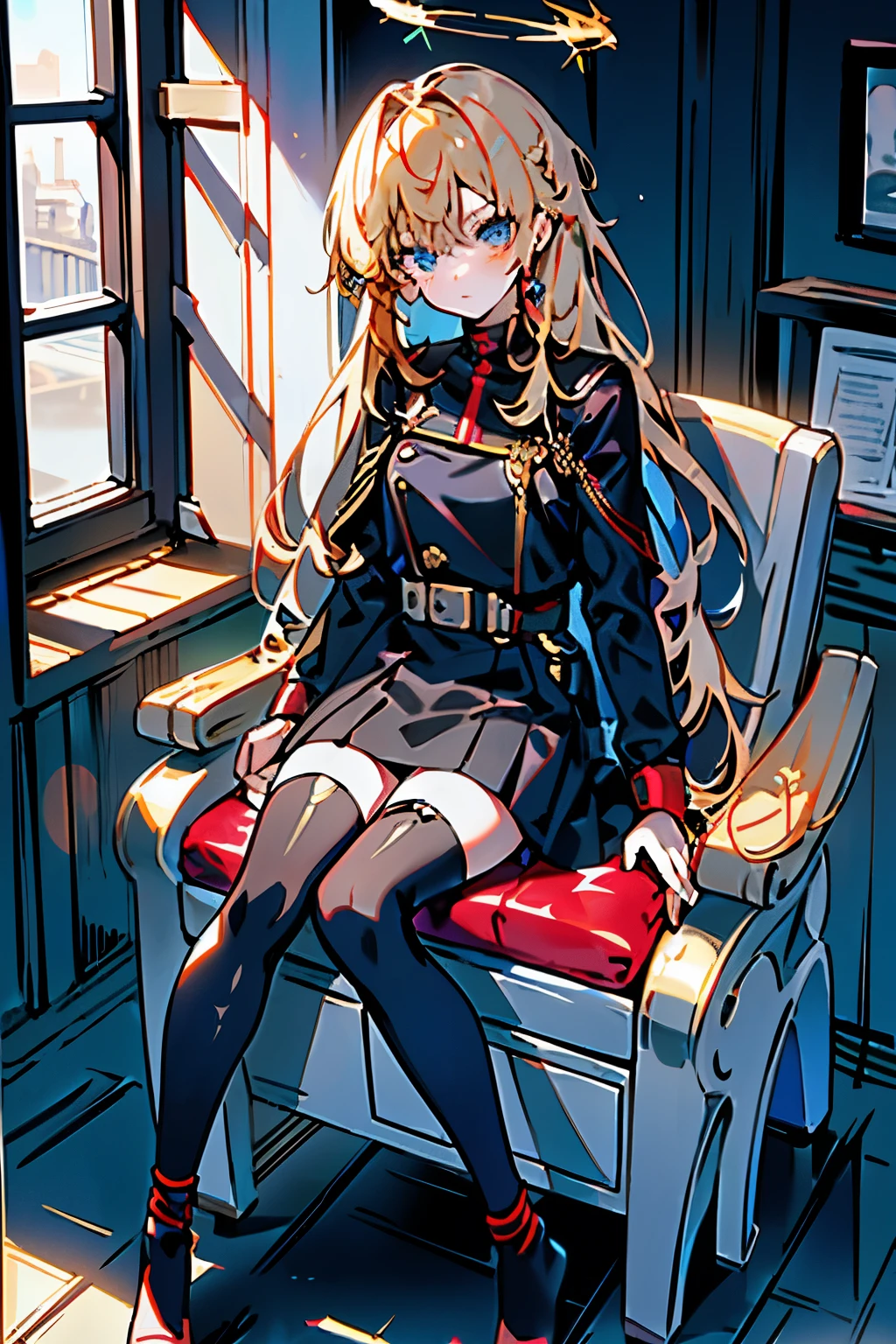 ((highest quality)), ((masterpiece)), (be familiar with),(( black military uniform with a little red line)),((The hairstyle is long braided hair.)),((blonde)),((golden halo)),((holster on right hip)),((woman)),((black skirt tights)),((anxious face)),((adult)),((blue eyes)),((folding chair)),((sit with both legs closed)),((put your hands on your knees)),((sitting)),((company office)),wallpaper,one girl,Accurate picture,blue archive impact,25° horizontally,long sleeve,sunlight,By the window,anxious face,((Sit with good posture)),futuristic room,