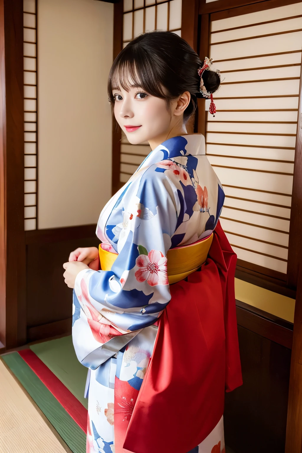 (8k, highest quality, masterpiece, ultra high resolution: 1.2),kimono,Japanese style room,1 girl, 23 years old,