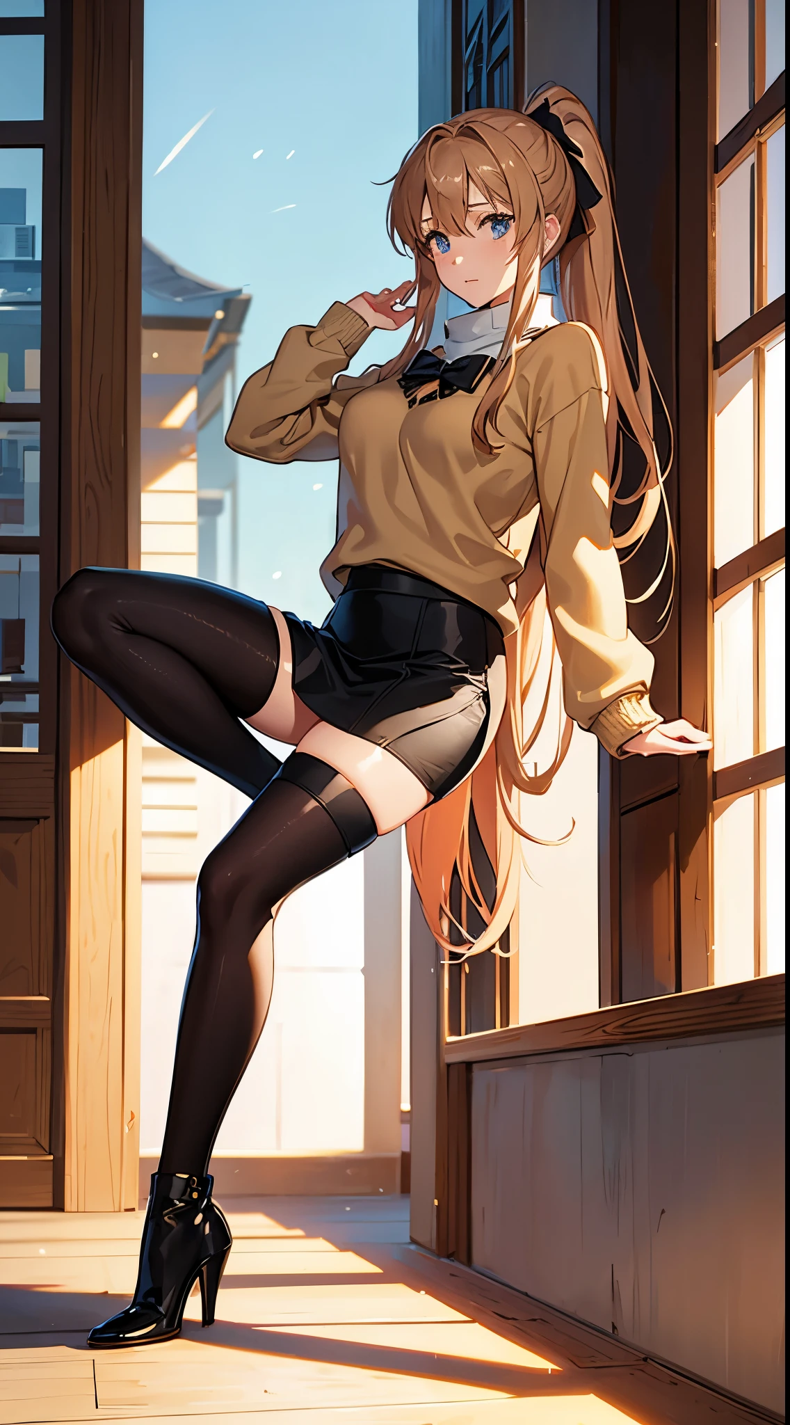 Asuna from Sword Art Online with a ponytail and bow, wearing a light brown sweater, a black pencil skirt and high heel boots