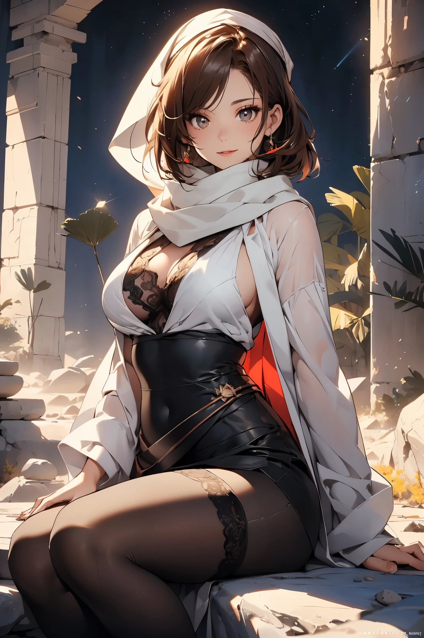 Mature woman with long black hair and white clothes, (in the rocky desert:1.5), (rest in an oasis:1.2, sit with legs spread:1.5, yoga poses, Cross-legged:1.3, indian style, in front of Arabic ruins:1.2), Arabic, (post-apocalyptic:-0.2), From Arknights, Gwaites style artwork, bodiesbian, small details. girls frontline, beautiful anime illustration, from girls frontline, by ヤン・J, amazing, 26 years old, (mature woman:1.3), (alone:1.5), (software:1.25), saggy breasts, big breasts, big breasts, thin waist, big ass, sexy and excited, (dark mahogany medium short hair, up style, hair above one eye, asymmetrical hair, curly hair, Lowtai Blade Sulman, white scarf, hair band, Today my head is, turbaned), (ultra high resolution, 8K RAW写真, photorealistic, Thin contours:1.3, clear focus), best quality, Natural light, blurred background, Depth of the bounds written, Bokeh, (bright eyes, detailed beautiful eyes, high definition face), red lips, look away, (dynamic angle:1.2, Front view:1.2, sharply focus:1.3, From above:1.1), dynamic posing, (sexy pose:1.2, leaning forward), enchanting smile, center image, (dressed with white long jacket, wearing a white robe, platinum ornaments, wrap white clothes around your waist, camel brown long leather boots:1.3, translucent lace pantyhose), ((correct anatomy:1.5)), ((outdoors:1.2, one night:1.3)),