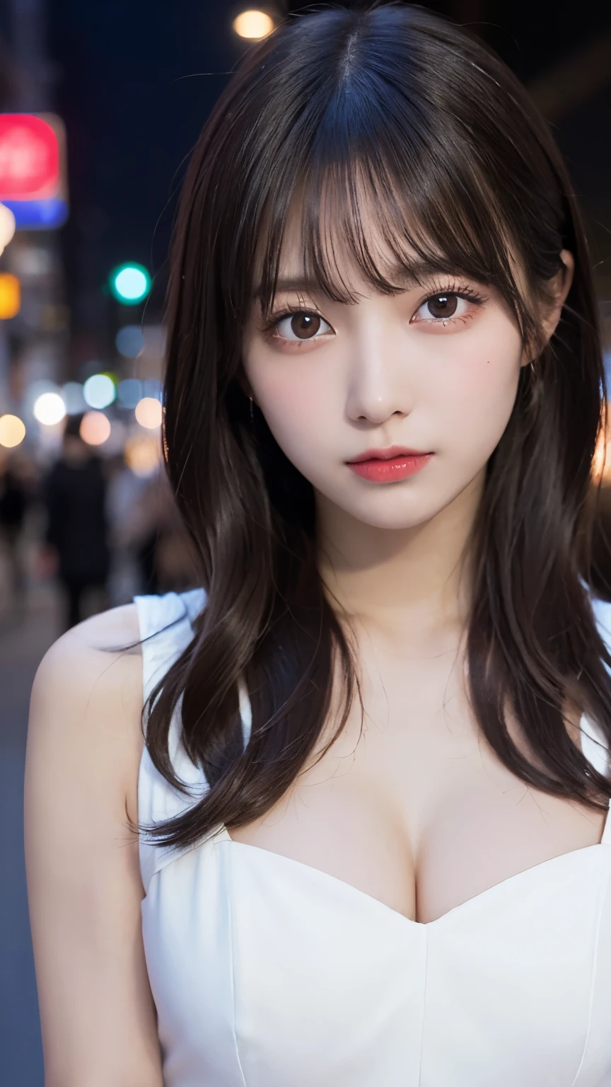 (highest quality: 0.8), (highest quality: 0.8), perfect anime illustration,( Close up portrait of beautiful woman walking in town)、very long purple hair、huge breasts、赤面したred eyes (((NSFW))),((( transparent white dress)))、neon night city、Super detailed、Super detailedな顔、bright eyes、galaxy in my eyes、disorganizedな 4k フル HD ピクシブのトップ、Super well done、red eyes、download file、huge areola、upright (Love Juice 1;4) disorganized