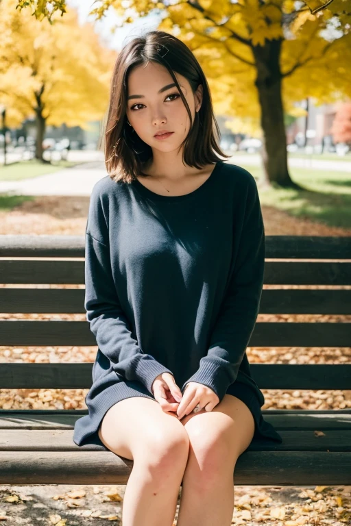 ((best quality)), ((masterpiece)), (detailed), perfect face autumn woman in the park sitting on a bench, autumn colors, The image, captured in stunning Ultra HD, is a visual treat that could easily serve as the epitome of regal elegance