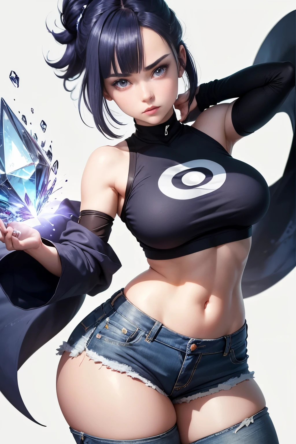 Masterpiece, Best quality, ((Pure White Background)), Acquaintance, (Short dark blue hair) ,pay off, Full body, Crop top, The pants, (((trendy clothes))), happy, Light effect, downy, Crystal clear, High definition image, (Before), Purple eyes, Sharp explosions, Hinata/(boruto/), Big breasts, They split
