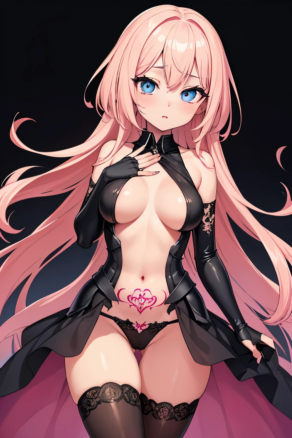 1girl, anime, cute girl, blank background, white background, fantasy, detailed fantasy dress with highlights, beautiful face, beautiful eyes, dark colors, pink hair with some streaks of blue strands, different color pupil in eye, medium small breasts (slightly big), slight cleavage, beautiful skin, cute, breast curtains, extremely delicate and beautiful, (beautiful detailed face:1.0), (detailed deep eyes), symmetrical breasts, deep eyes, shiny skin, portrait, slender waist, hips wider than shoulders, thighs, expressionless, young girl, luminous eyes, adorable,(Kpop idol),(aegyo sal:1),(Platinum blonde hair:1),((puffy eye)),Black panty,sexy posture,Superskirt, ultra high resolution,Black collar,slim figure, Abdominal y tattoo, womb tattoo,Tight-fitting leg ring,y tattoo on half-body,Bare skin, Armored hand,Hidden fingertips,Hand covered,Arm covered,Fist covered,{{beautiful detailed fingers}}, tufts of hair, moderate beautiful breast:1.0,