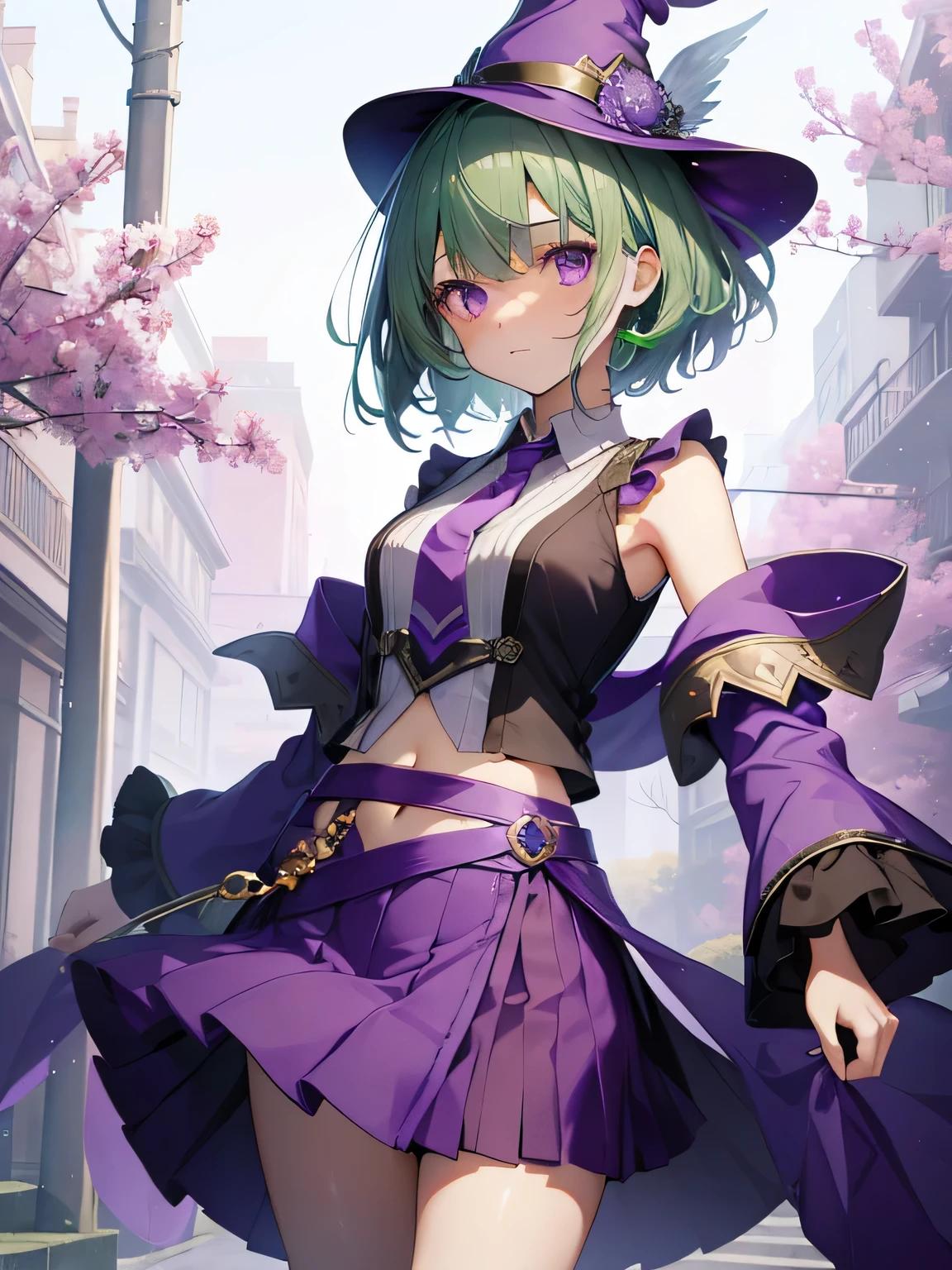 highest quality、very delicate and beautiful、(teenage girl)、purple eyes、green hair、short hair、(Purple Witch Hat)、purple tie、I、short sleeve、purple skirt、purple wizard&#39;robe of、navel pussy、Are standing、facing forward、