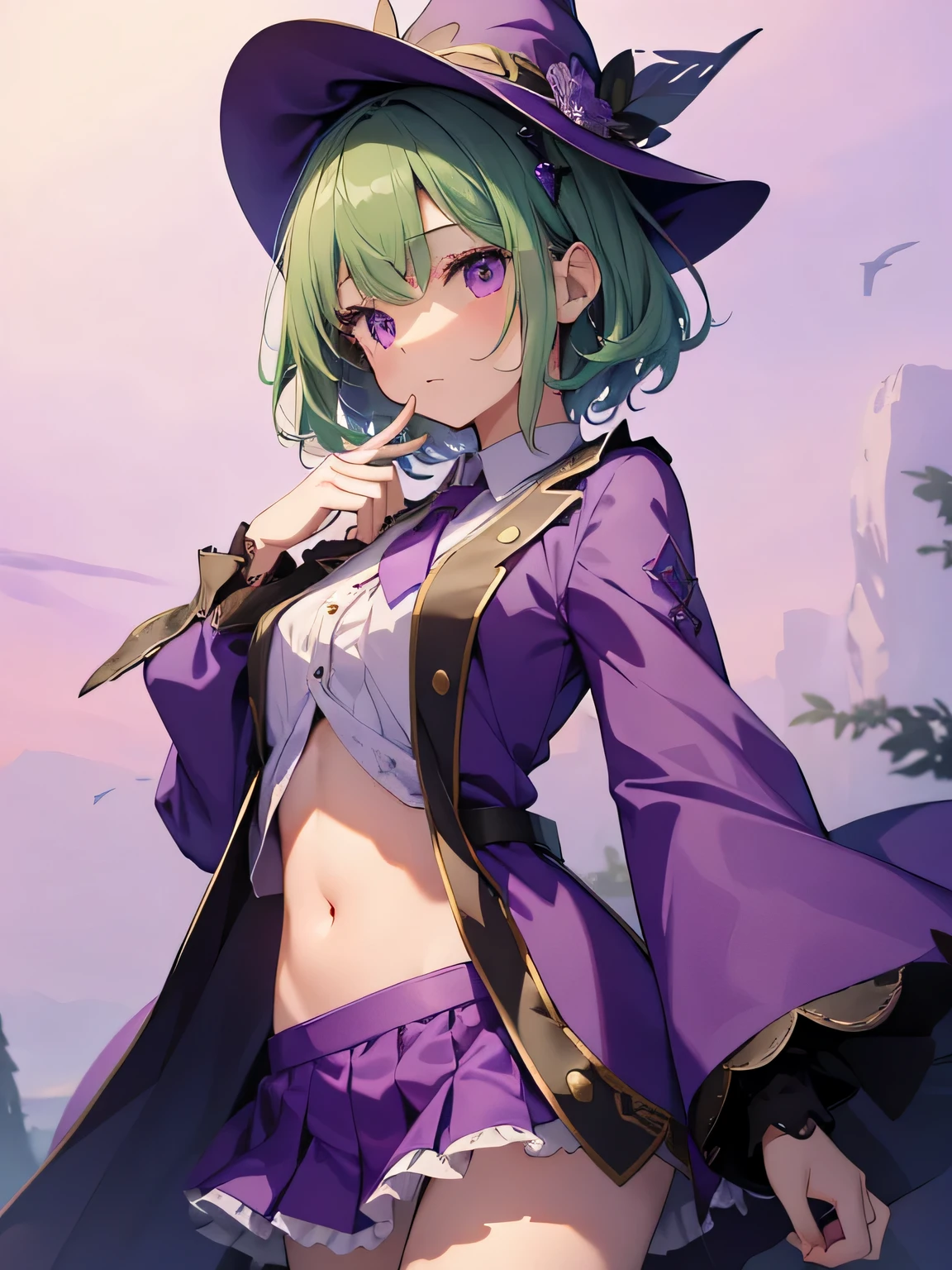 highest quality、very delicate and beautiful、(teenage girl)、purple eyes、green hair、short hair、(Purple Witch Hat)、purple tie、I、short sleeve、purple skirt、purple wizard'robe of、navel pussy、Are standing、facing forward、