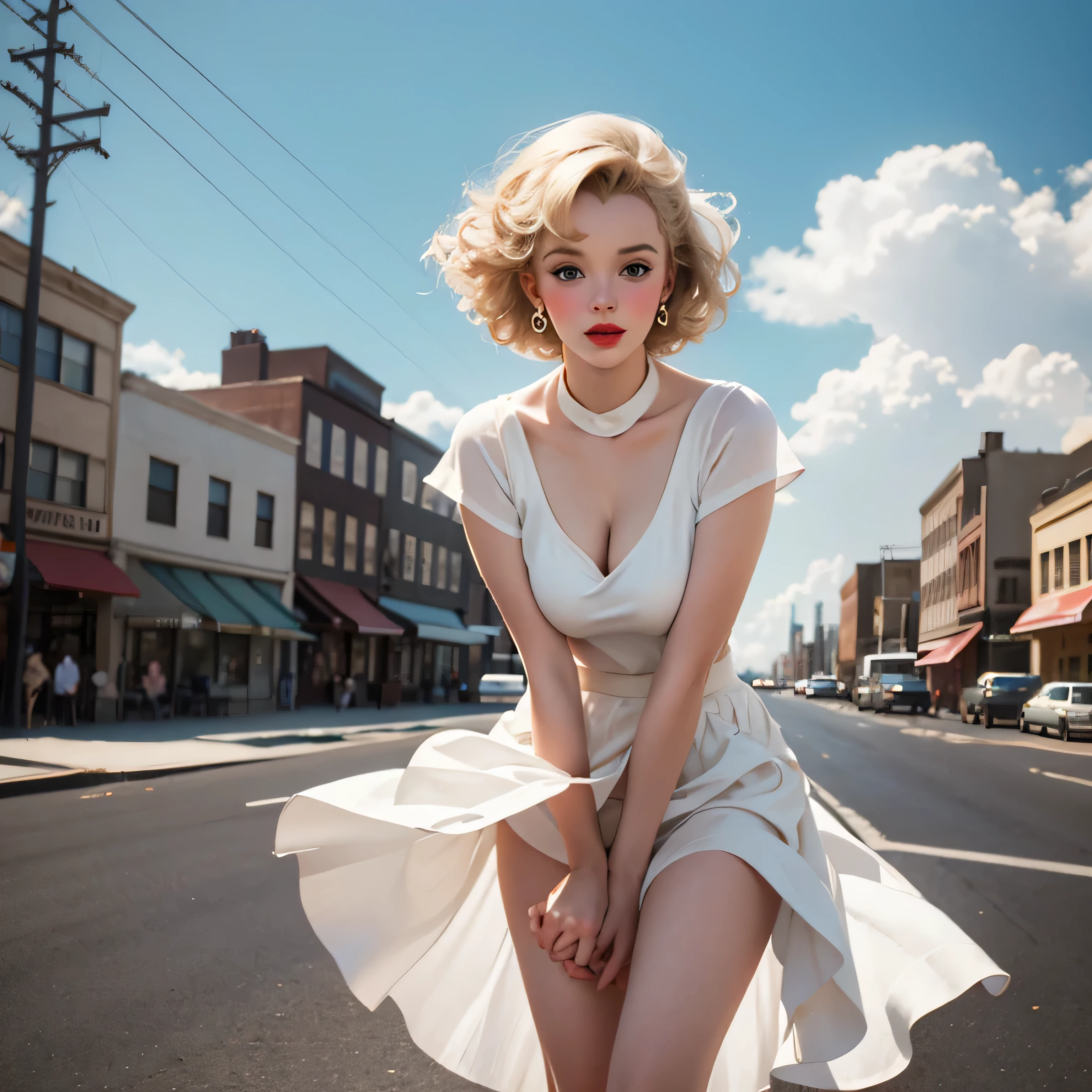 Watercolors in the 1970s, (new york cityscape),pen and ink, 25 year old Marilyn Monroe in retro fashion, pinup style, whole body, depiction of rural life, Light gray, light brown, red, white, And blue, In the style of classic Americana,(white dress）, Playful innocence, white点線, Cutout from white background, in the style of Norman Rockwell, masterpiece art work,(.my skirt flies in the wind),(white panties are visible),