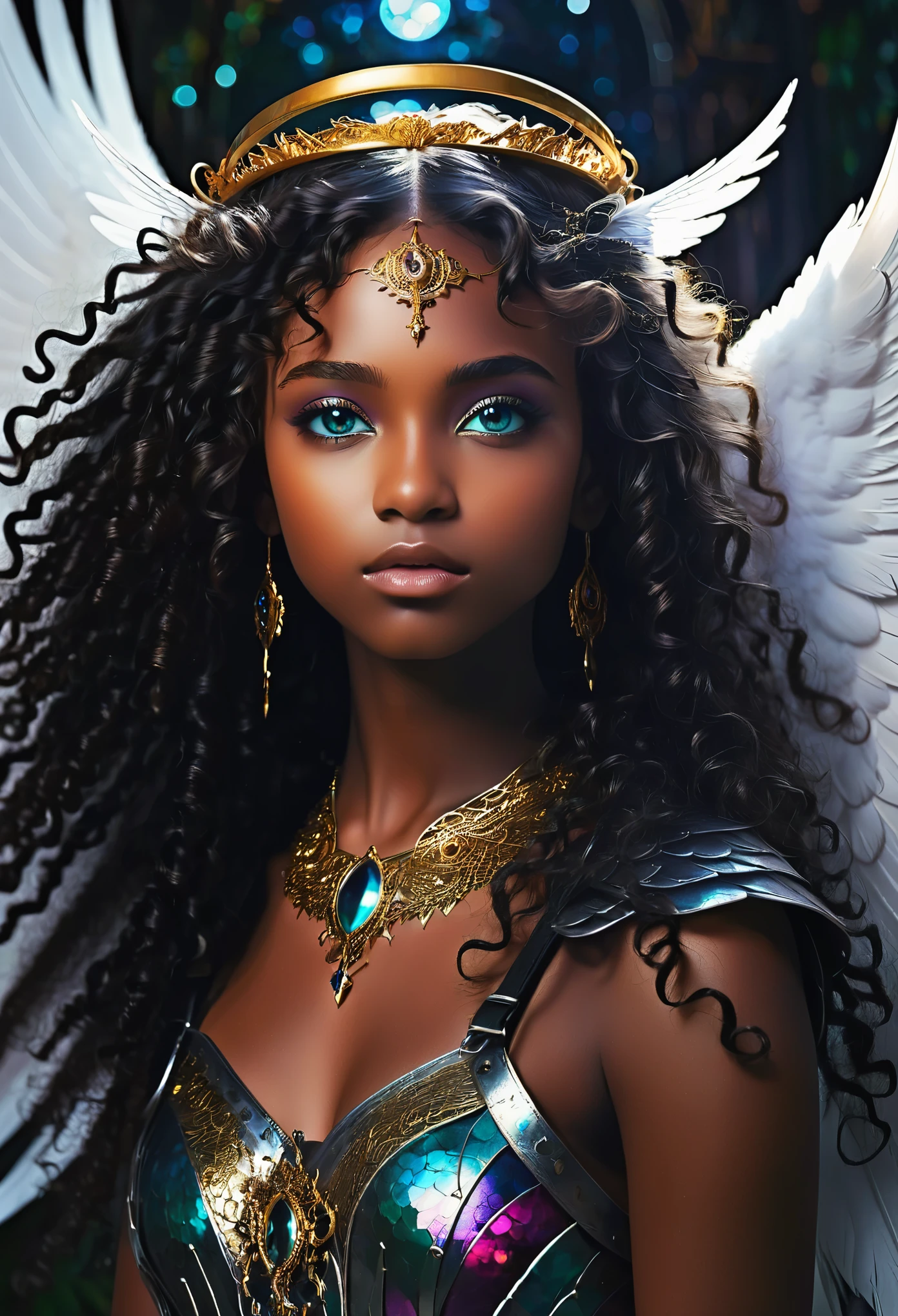 Je veux que tu me fasses une photo pour une darkromance, 18 year old warrior angel and celestial nymph, (((avec des ailes))), the boy is dark skin with curly hair, the girl is darkksin with long curly hair, visage aux traits fins, Colorful eyes, (((very beautiful))), visages parfait, ils sont des ennemis, ils veulent s'entretuer, celestial war. war, blood
