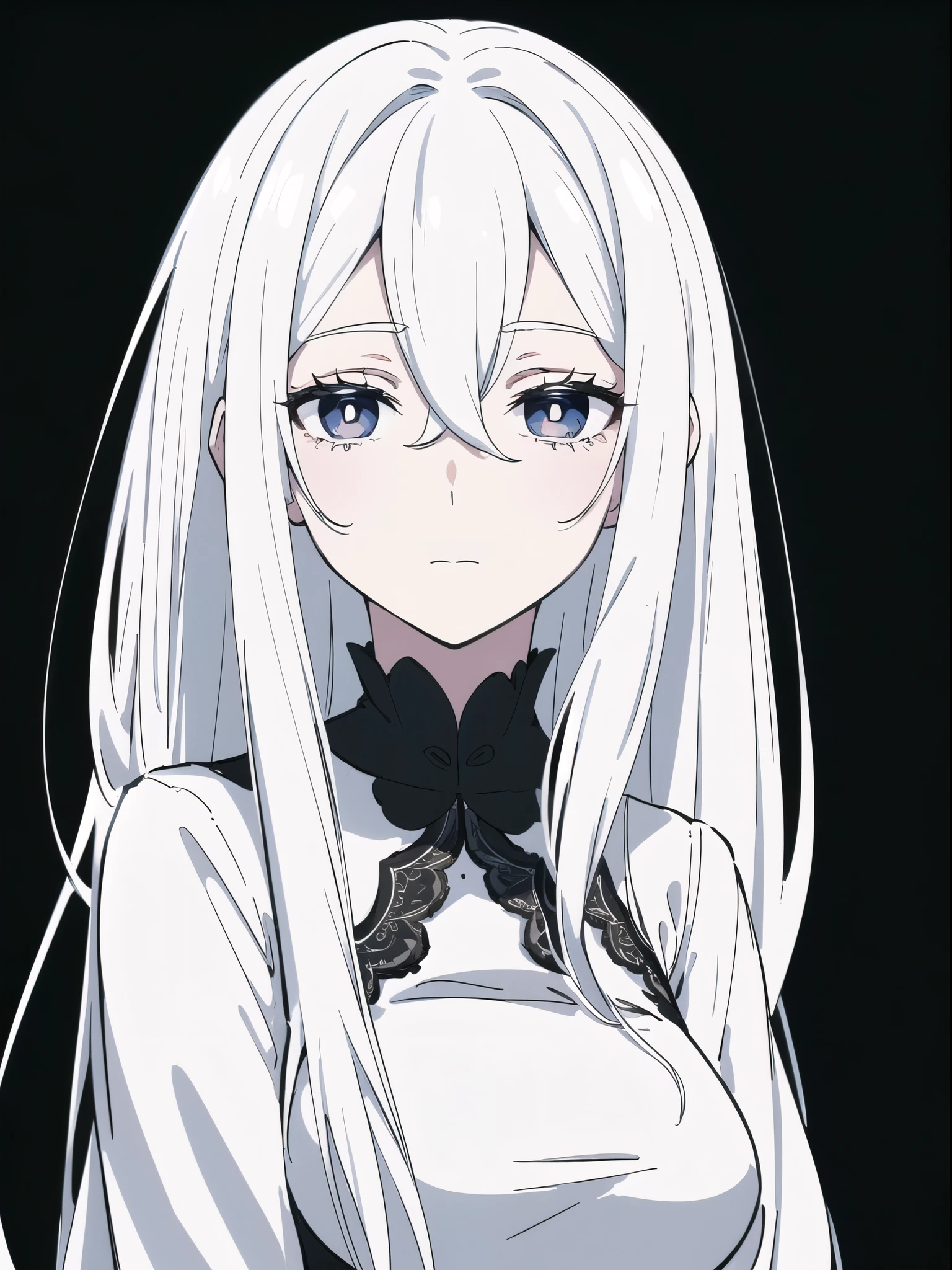 ((White hair)),((Head and Shoulders Image)),Sexy,A person,Alone,Simple style,pancake ,Simple details,Black background,Empty background,Black background wall,(20 year old woman),(Droopy hair),(White Gloves),(Evening Gown),(Lace Shirt),Lace,(confidence),(Tranquility)
