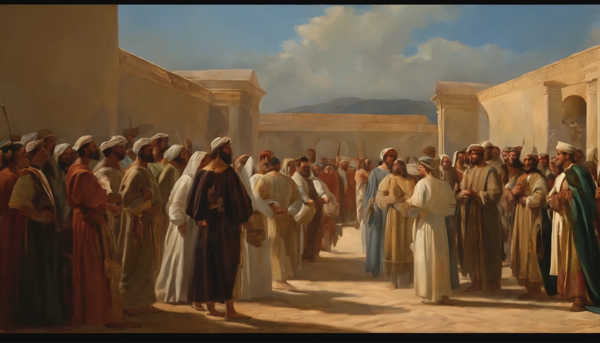 Jeremias chama os israelitas ao arrependimento, O Clamor do Profeta,Meetings with a large number of people, papiro,Pergaminho resistido,Vestidos velhos,,Historical reference,Arte e detalhes de alta qualidade,Estilo de retrato realista,paleta de cores sutil,fundo vibrante,texturas naturais,sombras profundas,destaques sutis,Historical accuracy,meticulous attention to detail,Profundidade e intensidade emocional,Authentic Representation,Instigante,Atmosfera espiritual,Um senso de sabedoria antiga,Impacto profundo