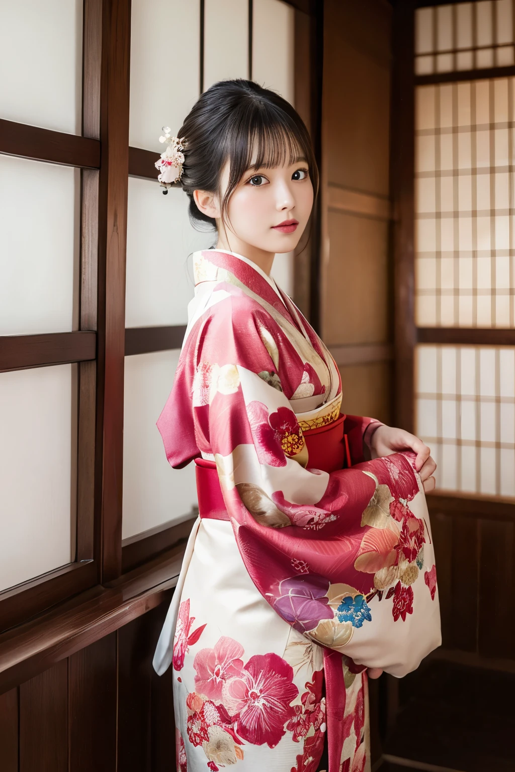 (8k, highest quality, masterpiece, ultra high resolution: 1.2),kimono,Japanese style room,1 girl, 23 years old,
