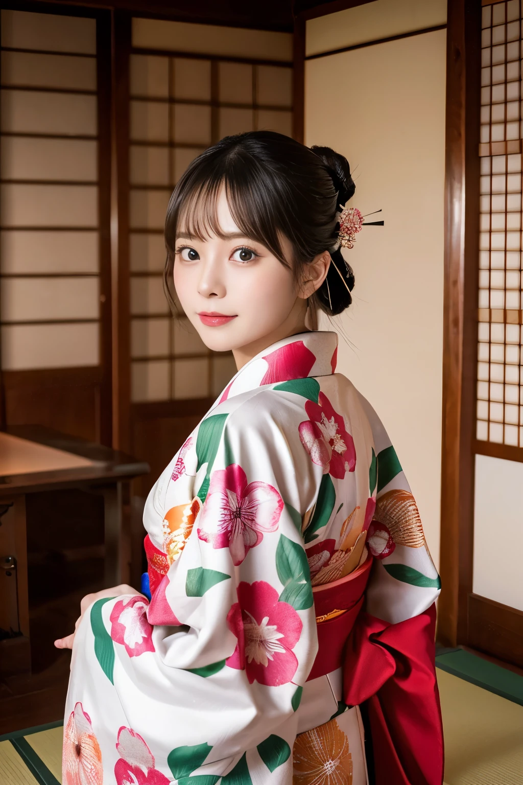 (8k, highest quality, masterpiece, ultra high resolution: 1.2),kimono,Japanese style room,1 girl, 23 years old,