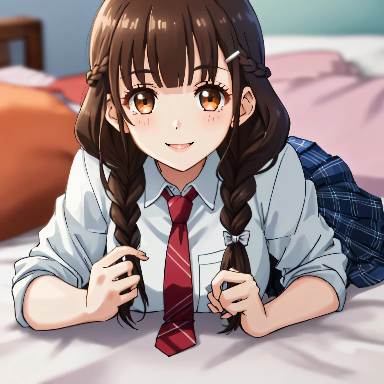 highest quality, (masterpiece:1.2), very detailed, Girl looking at the viewer and smiling, Glossy lips that make you want to kiss, nice smile, brown eyes, (((dark brown hair))), 15 years old, long braids, big shiny hair clip, school uniform, Dark blue and navy plaid skirt, middle long skirt, white shirt, Luxurious navy blazer with a golden patch on the left chest, big school ribbon tie, very shiny hair、laughter、bright look、Your face and hair shine in the light, The corners of the eyes are drooping, Cute braids, I'm so happy I can jump up, The expression of a maiden in love, (((Twin braided hair))), The long skirt fabric has a beautiful deep blue checkered pattern.., A gentle and cute expression staring at the viewer, double eyelid, ((long eyelashey lower eyelashes are also long)) ((Knees are hidden by skirt)), ((Lying face down on the finest pink bed)), shot from behind