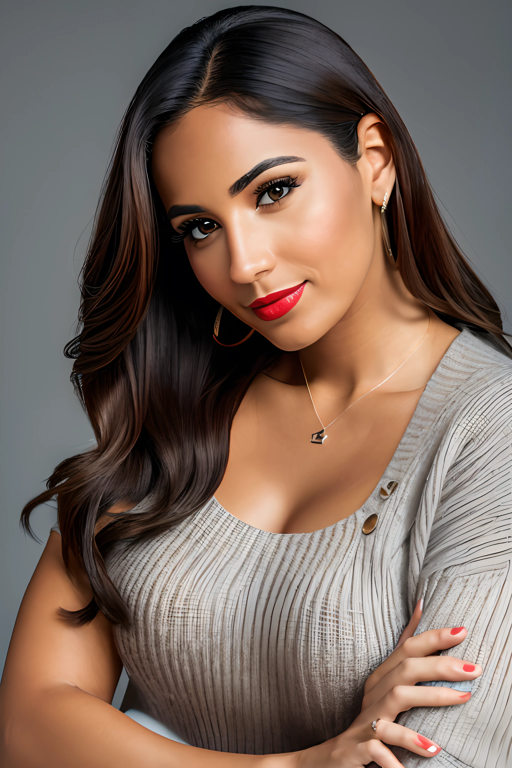 (realistic high resolution image, photo of a beautiful sexy 27 year old Puerto Rican woman with her arms crossed looking at the camera. Ela usa batom vermelho chamativo, e mostra duas pequenas covinhas, wears a dark gray sweater that goes down to her neck, tem lindos cabelos castanhos. look sexy, fundo branco), (8K, Ultra HD, dslr, volumetric light, alta qualidade, Fujifilm XT3)