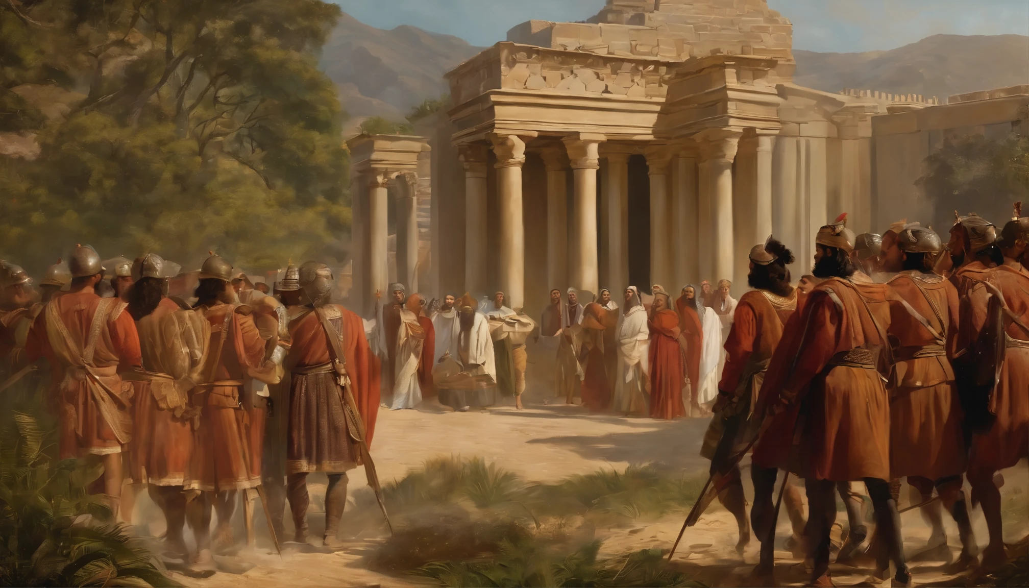 Jeremias chama os israelitas ao arrependimento, O Clamor do Profeta,Meetings with a large number of people, papiro,Pergaminho resistido,Vestidos velhos,,Historical reference,Arte e detalhes de alta qualidade,Estilo de retrato realista,paleta de cores sutil,fundo vibrante,texturas naturais,sombras profundas,destaques sutis,Historical accuracy,meticulous attention to detail,Profundidade e intensidade emocional,Authentic Representation,Instigante,Atmosfera espiritual,Um senso de sabedoria antiga,Impacto profundo