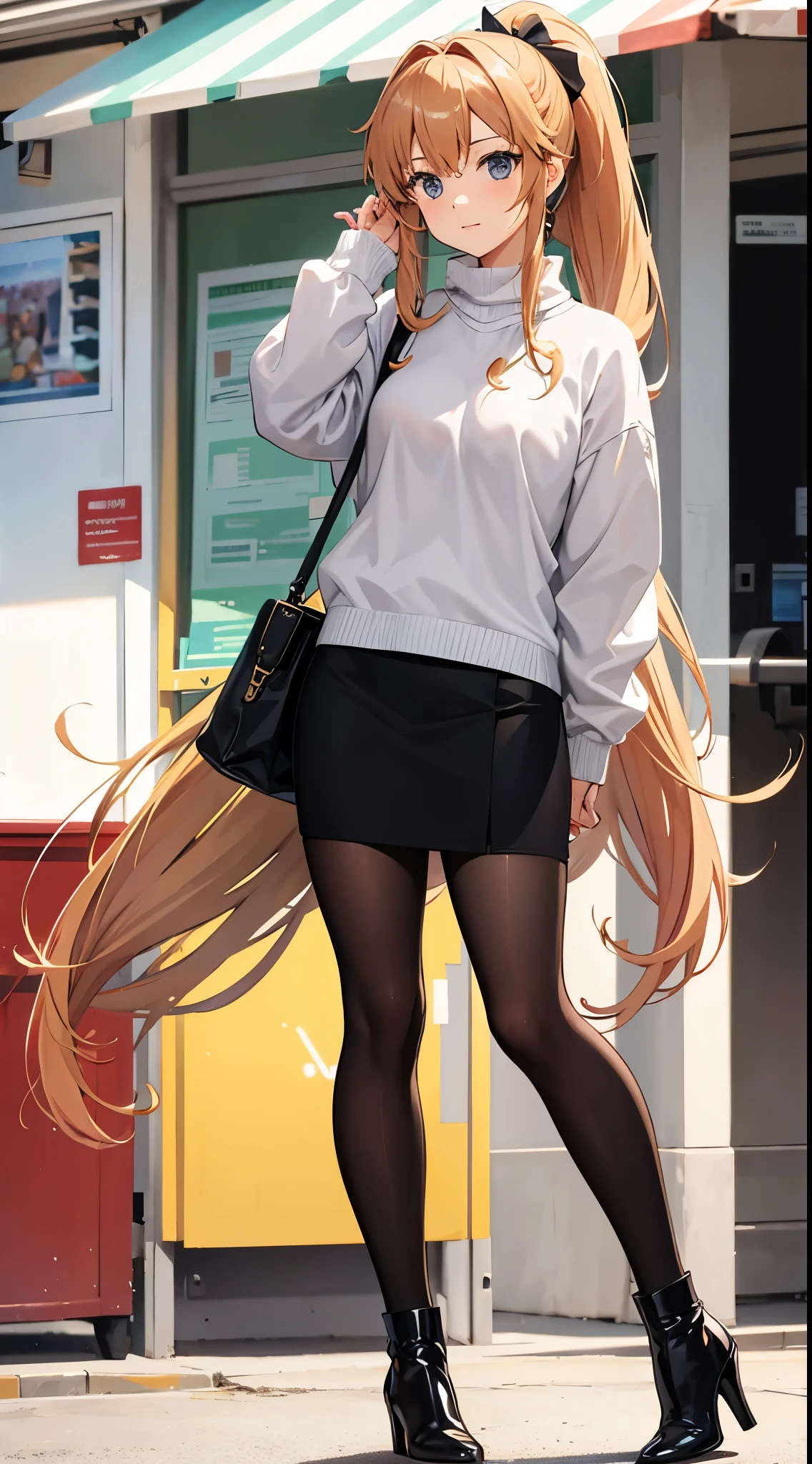 Asuna from Sword Art Online with a ponytail and bow, wearing a light brown sweater, a black pencil skirt and high heel boots