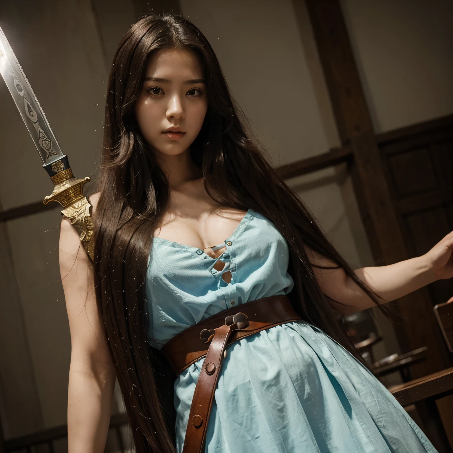 Manhwa style. Girl with long hair holding a sword. Historical