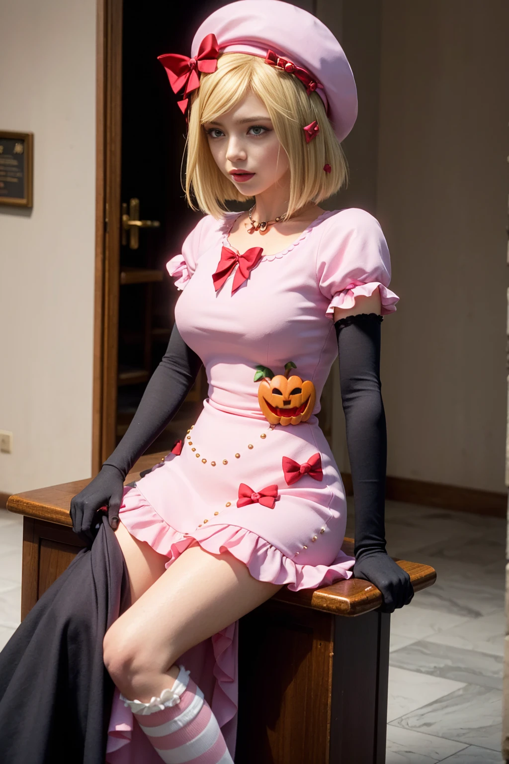 (1 lady), The beautiful, (Best quality at best:1.4), (ultra - detailed), (extremely detailed CG unified 8k wallpapers), gold blonde hair, athletic body, big proportions, very detailed, High-definition RAW color photo, professional photoshooting, amazing face and eyes, cosmetics, (amazingly beautiful girl), ((lambdadelta)), dress, shoes bow, red shoes, striped stockings, red bow, pink hat, necklace, gloves, pearl, pumpkin brooch, ((pink dress)), (Open-chested business shirt:1.2), sitted, (spread your legs), (Crotch is empty), clothes open, high waist thigh, show your legs, sexyposture, (gothic cathedral background extremely detailed), (frontal view)