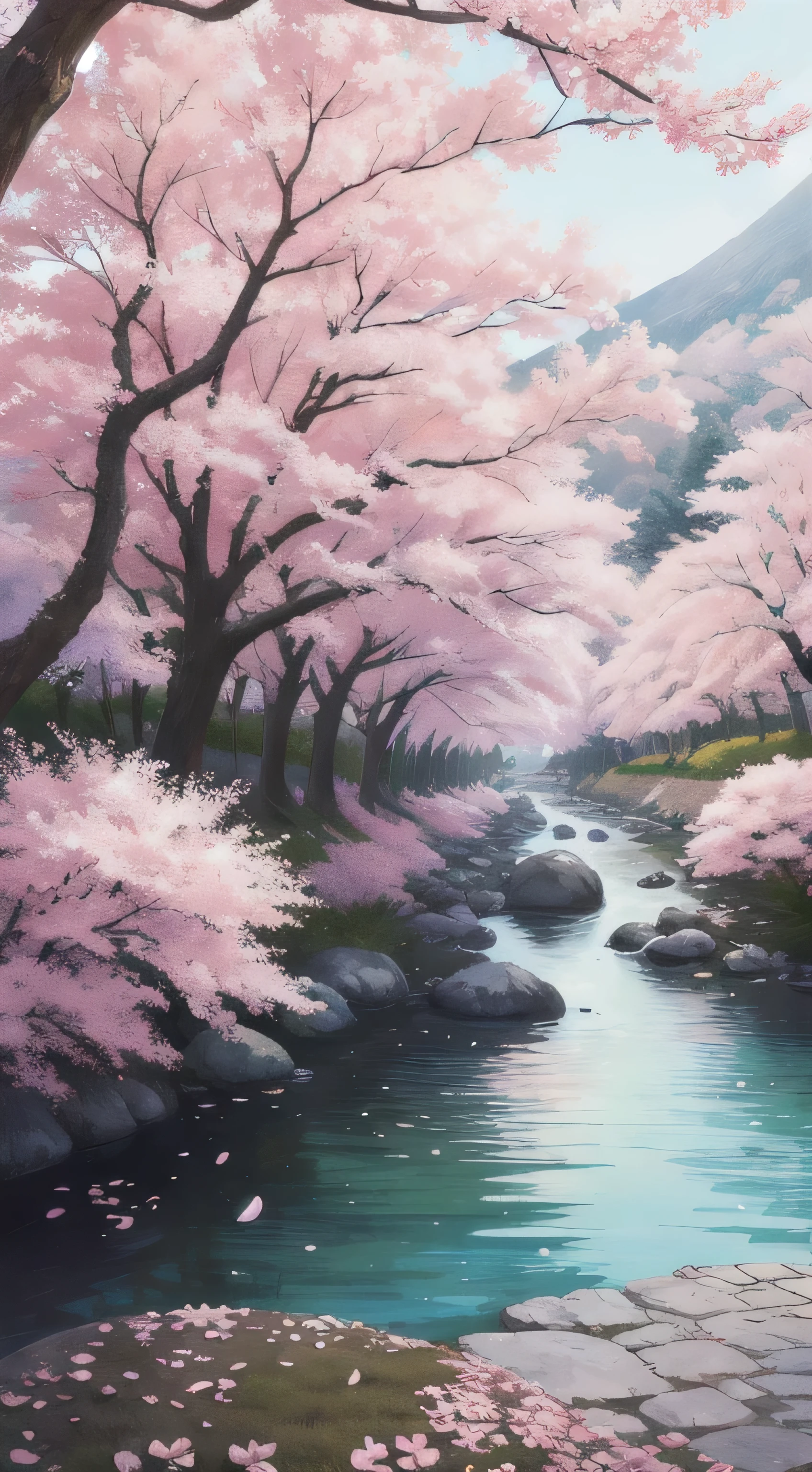 masterpiece, highest quality, highest quality, official art,very detailed, colorful, most detailed, branch, river, cherry blossoms, petal, landscape,wood, null, landscape、Japan、nature、landscape、8k、