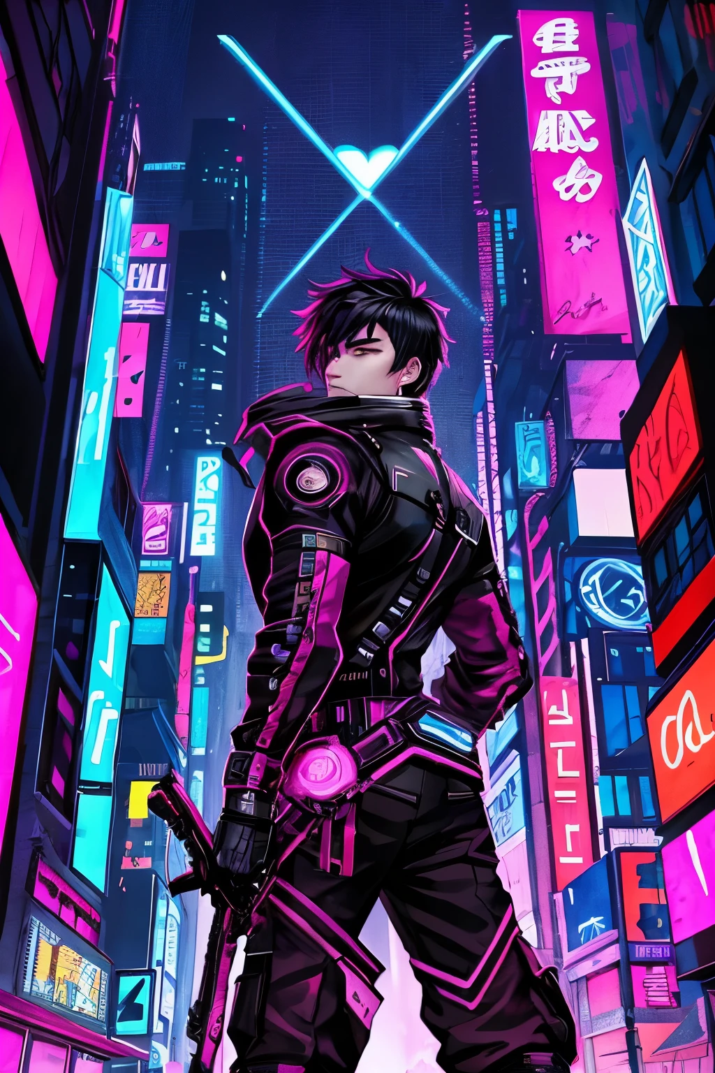 1 boy, solo, in the heart of a neon-lit city, dons a futuristic cyberpunk costume, transformed into a very beautiful and intricately detailed cyberpunk warrior. His ghost blade style, reminiscent of victngai and neon aesthetics, radiates an electrifying energy. As a tech wanderer and video game character, he embodies synthwave imagery, captivating all with his cyberpunk allure.
Basking in the concept art neon glow, his eyes, full of life and beauty, shine with detailed and expressive eyes, featuring bright pupils that sparkle under cinematic lighting. From the back, the