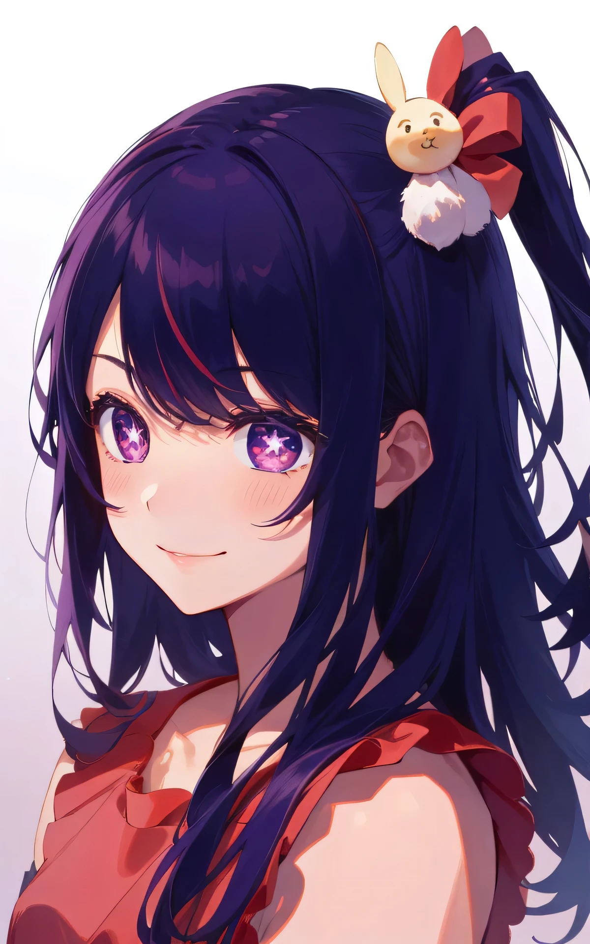 you would be absurd:2.0, (HoshinoAi、solo、16 years old), realistic, Unity 8K Wallpaper, Masterpiece, detailed hair, highly detailed, realistic glistening skin、long hair, (purple hair:1.2), purple eyes, rabbit hair ornament, frills, red shirt, smile, sleeveless, shirt, idol, symbol-shaped pupils, bangs, one side up:1.2, star-shaped pupils:1.4,
