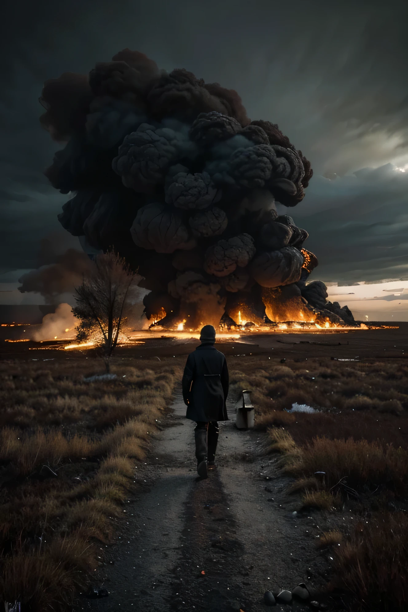 A haunting and emotional painting by Peder Mørk Mønsted, depicting a scene of self-destructive obsession. A solitary figure, consumed by their own selfish desires, stands amidst a desolate landscape. The background is a catastrophe of burnt despair, with charred and twisted trees, ashes, and embers. The atmosphere is heavy and oppressive, with a sense of impending doom looming over the scene.