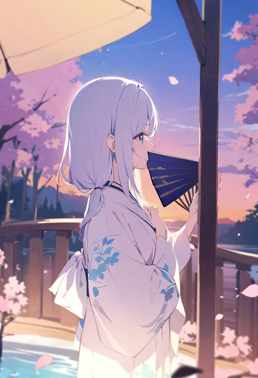 Shirakami Fubuki/(Holographic live broadcast/),(top quality,ink painting style,Fresh and elegant, clear lake water,cherry blossoms falling at sunset,The girl wears a white kimono,Holding a folding fan in hand,breeze in the breeze,lush green woods,Cheerful birds singing,poetic scene)