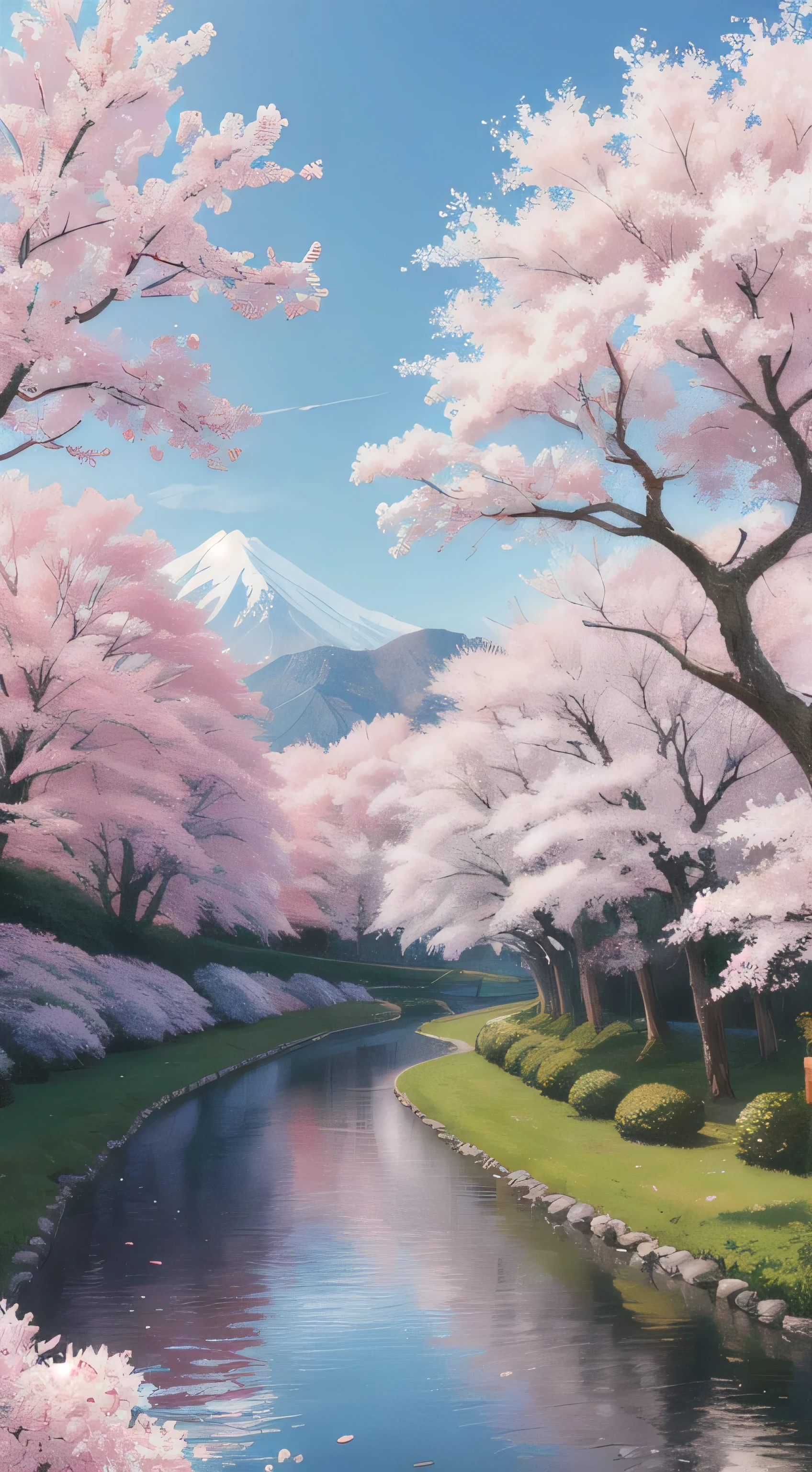 masterpiece, highest quality, highest quality, official art,very detailed, colorful, most detailed, branch, river, cherry blossoms, petal, landscape,wood, null, landscape、Japan、nature、landscape、8ｋ、
