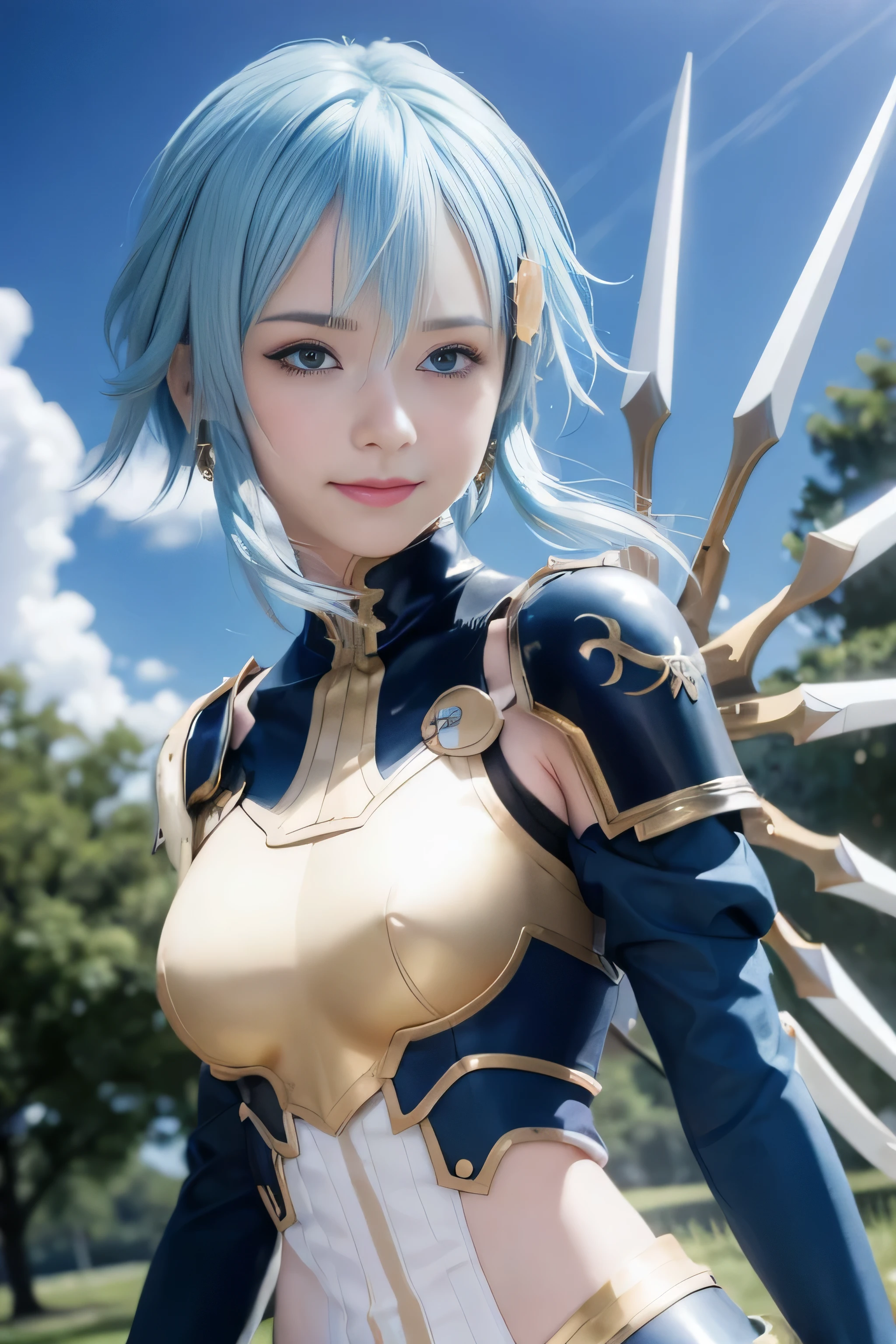 Realistic,masterpiece, best quality, (realistic,photo-realistic:1.4), (RAW photo:1.2),extremely detailed CG unity 8k wallpaper, delicate and beautiful, amazing,finely detail, official art, absurdres, incredibly absurdres, huge filesize, ultra-detailed,extremely detailed eyes and face, light on face,sinon,(little smile:1.2),(blue hair:1.3),short hair,(wearing gold armor:1.4),(medium breast:1.3),nature background,(hair ornament:1.4),lingerie,sidelocks